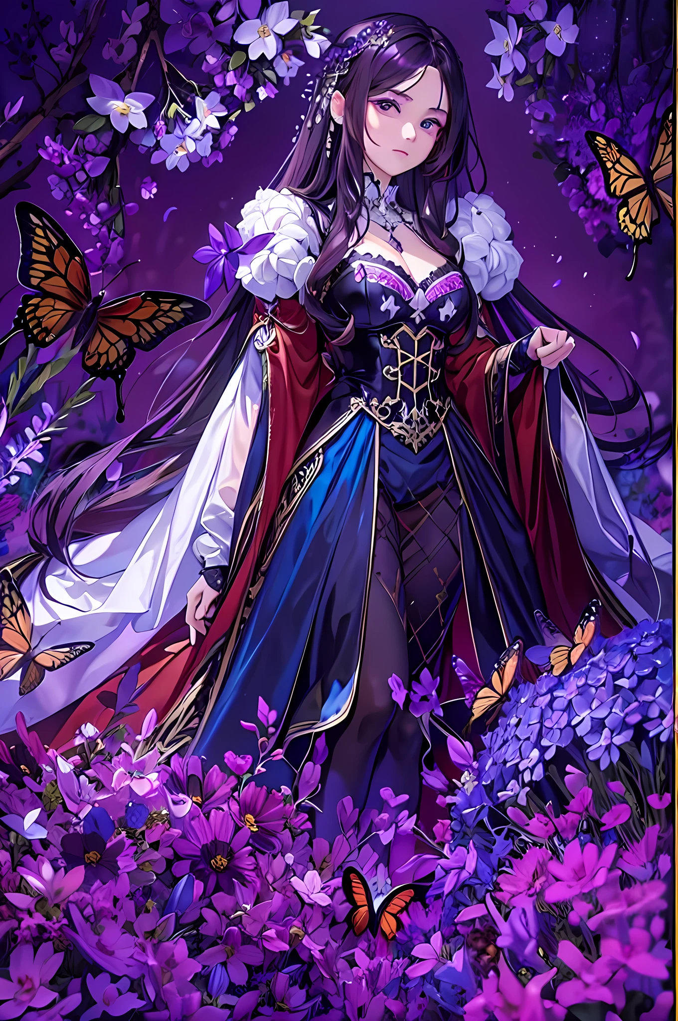 high details, best quality, 16k, RAW, [best detailed], masterpiece, best quality, (extremely detailed), full body, ultra wide shot, photorealistic, dark fantasy art, goth art, RPG art, D&D art, a picture of a dark female fairy resting in a flower meadow, extremely beautiful fairy, ultra feminine (intense details, Masterpiece, best quality), best detailed face (intense details, Masterpiece, best quality), having wide butterfly wings butterfly_wings, spread butterfly wings (intense details, Masterpiece, best quality: 1.3), (purple: 1.5) colors wings (intense details, Masterpiece, best quality), (dark red) hair, long hair, shinning hair, flowing hair, shy smile, innocent smile, (blue: 1.3) eyes, dark blue lips, wearing (white: 1.3) dress latex corset (intense details, Masterpiece, best quality), dynamic elegant shirt, chocker, wearing (red: 1.3) high heels, in various shades of red colored flower meadow (intense details, Masterpiece, best quality), (red flowers: 1.2) , (black flowers: 1.2), (white flowers: 1.2), (blue flowers: 1.3) [extreme many flowers] (intense details, Masterpiece, best quality), dark colorful flowers (intense details, Masterpiece, best quality), flower meadow in a dark goth field background, night time, moon rising, dim light, cinematic light, High Detail, Ultra High Quality, High Resolution, 16K Resolution, Ultra HD Pictures, 3D rendering Ultra Realistic, Clear Details, Realistic Detail, Ultra High Definition, #chinese cloth, dungeons and dragons, DonMDr4g0nXL