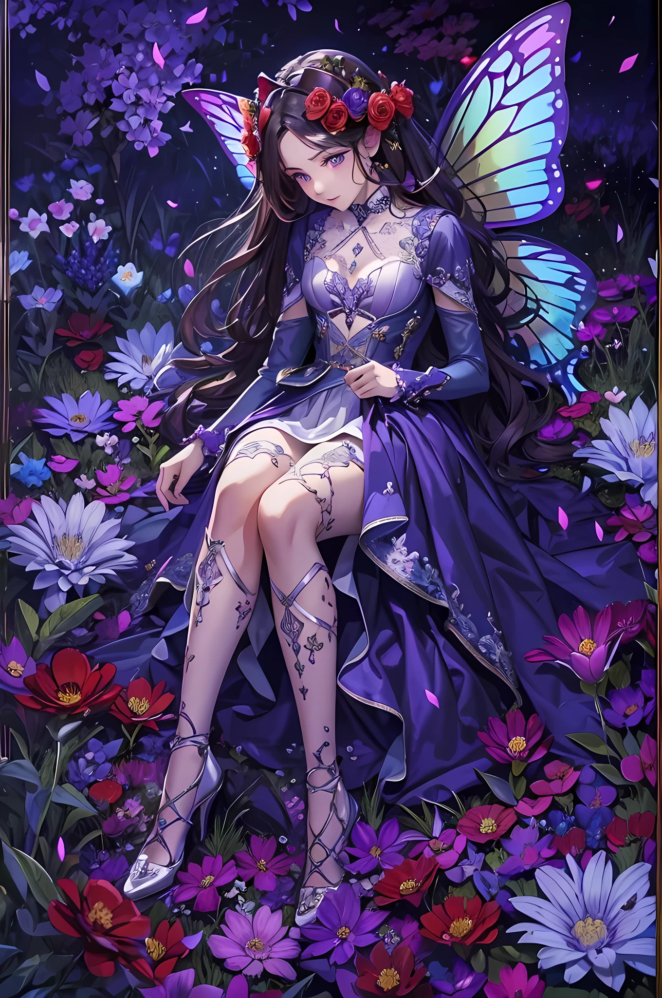 high details, best quality, 16k, RAW, [best detailed], masterpiece, best quality, (extremely detailed), full body, ultra wide shot, photorealistic, dark fantasy art, goth art, RPG art, D&D art, a picture of a dark female fairy resting in a flower meadow, extremely beautiful fairy, ultra feminine (intense details, Masterpiece, best quality), best detailed face (intense details, Masterpiece, best quality), having wide butterfly wings butterfly_wings, spread butterfly wings (intense details, Masterpiece, best quality: 1.3), (purple: 1.5) colors wings (intense details, Masterpiece, best quality), (dark red) hair, long hair, shinning hair, flowing hair, shy smile, innocent smile, (blue: 1.3) eyes, dark blue lips, wearing (white: 1.3) dress latex corset (intense details, Masterpiece, best quality), dynamic elegant shirt, chocker, wearing (red: 1.3) high heels, in various shades of red colored flower meadow (intense details, Masterpiece, best quality), (red flowers: 1.2) , (black flowers: 1.2), (white flowers: 1.2), (blue flowers: 1.3) [extreme many flowers] (intense details, Masterpiece, best quality), dark colorful flowers (intense details, Masterpiece, best quality), flower meadow in a dark goth field background, night time, moon rising, dim light, cinematic light, High Detail, Ultra High Quality, High Resolution, 16K Resolution, Ultra HD Pictures, 3D rendering Ultra Realistic, Clear Details, Realistic Detail, Ultra High Definition, #chinese cloth, dungeons and dragons, DonMDr4g0nXL