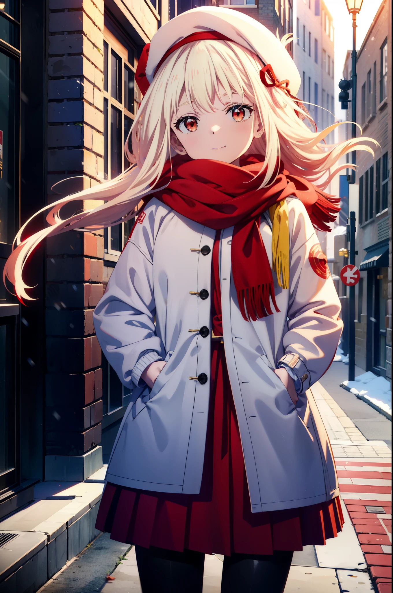 chisatonishikigi, nishikigi chisato,Long Hair , bangs, blonde, (Red eyes:1.5),happy smile, smile, Open your mouth,White knit hat,White Coat,Red Scarf,White Sweater,Hands in coat pockets,Long skirt,Black pantyhose,short boots,Shirogane World,Snow is piling up,it&#39;s snowing,it&#39;s snowing,winter,Cold Sky,morning,morning陽,The sun is rising,
break looking at viewer, whole body, Upper Body,(Cowboy Shot:1. 5)
break outdoors, c that y,Building Street,
break (masterpiece:1.2), highest qualそれy, High resolution, unそれy 8k wallpaper, (shape:0.8), (Beautiful and beautiful eyes:1.6), Highly detailed face, Perfect lighting, Extremely detailed CG, (Perfect hands, Perfect Anatomy),