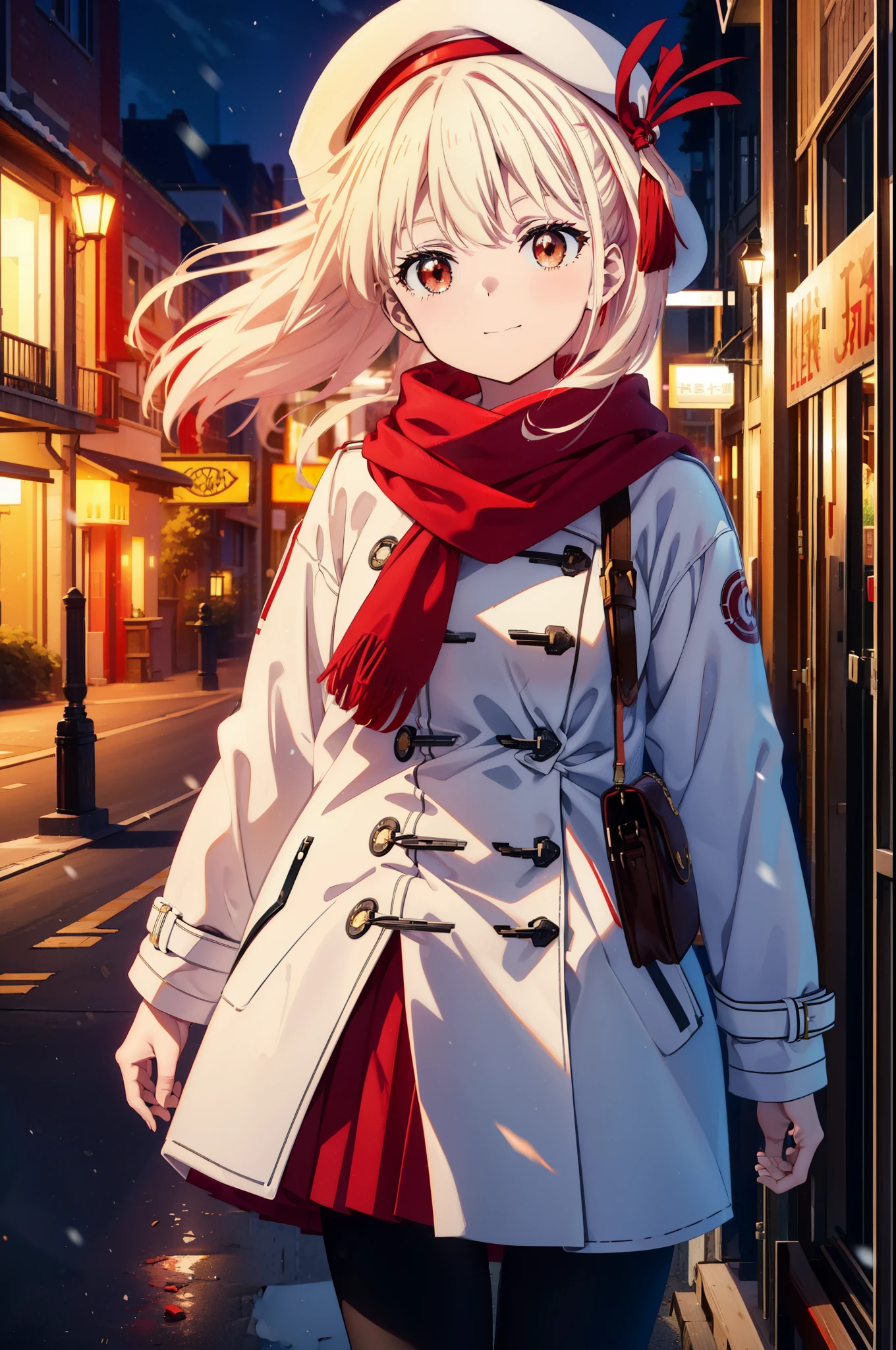 chisatonishikigi, nishikigi chisato,Long Hair , bangs, blonde, (Red eyes:1.5),happy smile, smile, Open your mouth,White knit hat,White Coat,Red Scarf,White Sweater,Hands in coat pockets,Long skirt,Black pantyhose,short boots,Shirogane World,Snow is piling up,it&#39;s snowing,it&#39;s snowing,winter,Cold Sky,morning,morning陽,The sun is rising,
break looking at viewer, whole body, Upper Body,(Cowboy Shot:1. 5)
break outdoors, c that y,Building Street,
break (masterpiece:1.2), highest qualそれy, High resolution, unそれy 8k wallpaper, (shape:0.8), (Beautiful and beautiful eyes:1.6), Highly detailed face, Perfect lighting, Extremely detailed CG, (Perfect hands, Perfect Anatomy),