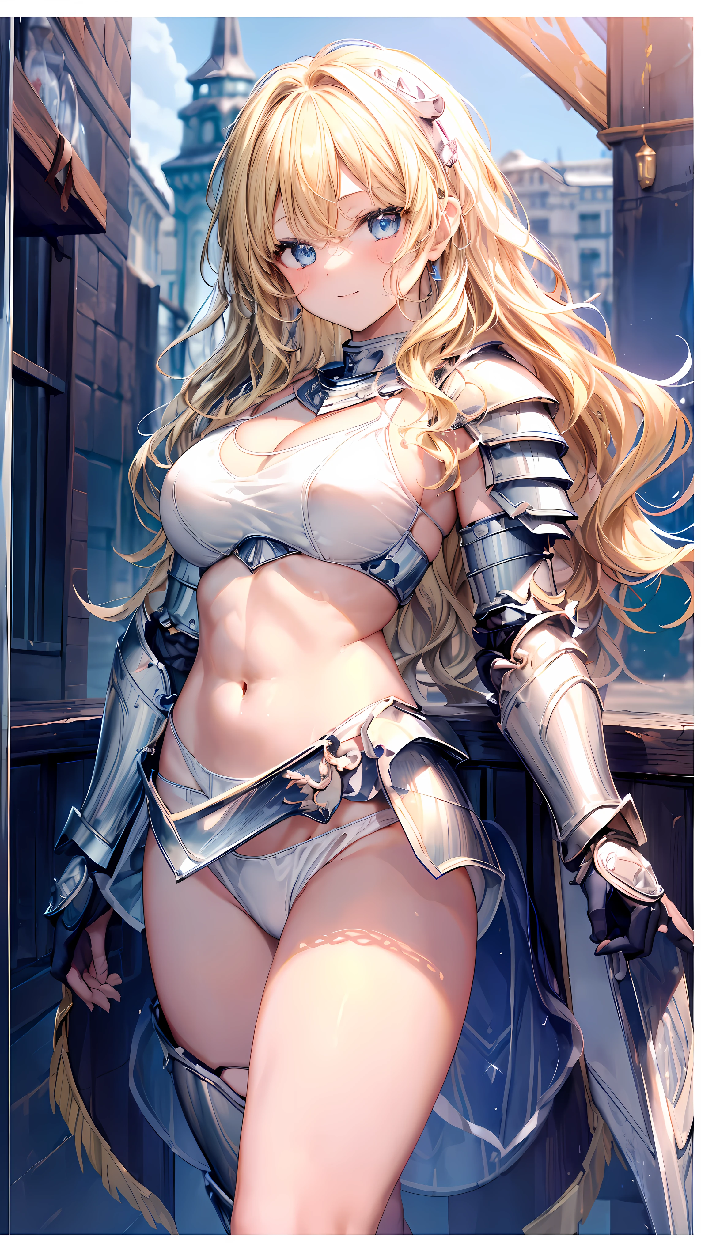 Very detailed、highest quality、Best image quality、masterpiece、8k、Anime Face、A kind smile、Open your mouth、Sparkling blue eyes、(Blonde wavy hair:1.5)、、Muscles of the whole body、camisole、Thigh belt、mini skirt、(Wearing white bikini armor:1.5)、(Cowboy Shot:1.5)、(Leg armor:1.5)、Armor