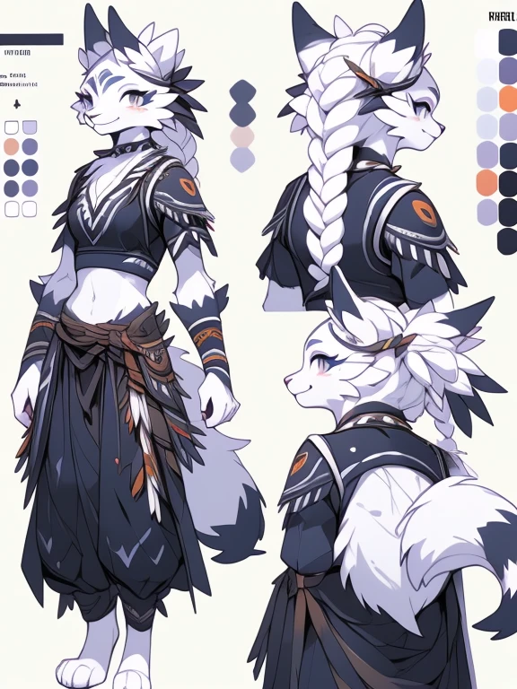 ( Absurdly , High quality , ultra detailed ) ,( hand detailed ) , 1girl, solo, mature, (concept art, character sheet), absurdres(highly detailed beautiful face and eyes)perfect anatomy Solo, sfw, Young Female white fox-cat (((lean-body))) (((medium breasts))) (short snout),(((fur (black stripe) between neck and shoulder towards chest))) ((fur (black stripes) on waist))(ears are darker), (heterochromia (orange, violet)), (cat tail (black at end)), (white hair (single-braided)), (fantasy adventure type clothing ((violet shirt (crop top))), (navy-blue belt) khaki pants)), happy ((looking at viewer)) ((Female wolf)) (detailed eyes) (clevedge, (collarbone, shoulders), (solo, (1girl)) ((((fluffy white fur)))) ((extremely detailed fur)) (violet crop top) ((hair in face)) (big braid), sfw, (thin long tail) (heterochromia) (extremely detailed eyes) joyful (((concept art, character sheet, (multiple views)))) ((adventure fantasy, snow tribal clothing)) 