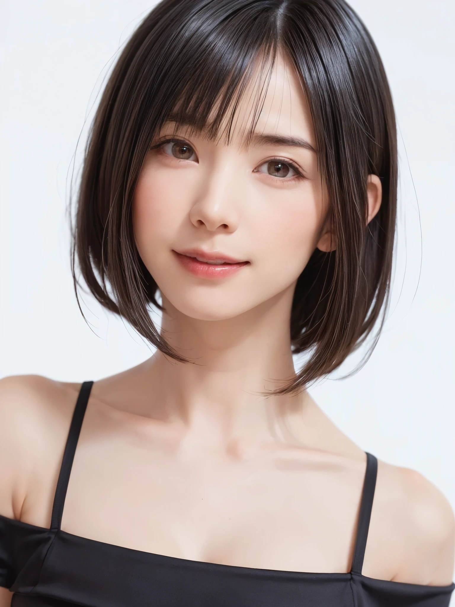 1 girl, alone, Beautiful Skin, very detaileded, ultra detaileded, Ultra-high resolution, (Photorealism:1.4), (highest quality), (Best Shadow), detailed, Perfect lighting, Black Hair, ((Showpiece, highest quality, High precision)), One Girl, (Realistic: 1.4), (look up at the camera even a little, カメラをlook up, look up, look up at the camera, Looking into the camera))), alone, White Background, snow-White Background, shut up., smile, pretty Black Hair, short hair:1.6, Big eyes, Beautiful double eyelids, eyelash, listen, Long neck, 美しいLong neck, Absolute area, ((Face close-up, short hair with bangs、Short Bob Hair:1.5、Off the shoulder)), 19 years old, Attractive proportions, Shiny skin, Beautiful clavicle, Golden ratio face, Perfect Face, Teardrop-shaped mole, Mole on chest, bangs, clean bangs, beautiful bangs, Lip gloss, Thin lips, White skin, I took off my clothes, Small face, Small face, 少し上を向いてLooking into the camera, ((smile a little for the camera, really nothing pure White Background, Listen carefully, big 胸、Dynamic Angle:1.5))