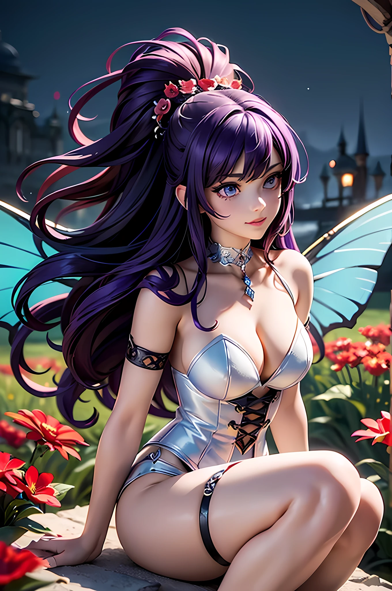 high details, best quality, 16k, RAW, [best detailed], masterpiece, best quality, (extremely detailed), full body, ultra wide shot, photorealistic, dark fantasy art, goth art, RPG art, D&D art, a picture of a dark female fairy resting in a flower meadow, extremely beautiful fairy, ultra feminine (intense details, Masterpiece, best quality), best detailed face (intense details, Masterpiece, best quality), having wide butterfly wings butterfly_wings, spread butterfly wings (intense details, Masterpiece, best quality: 1.3), (purple: 1.5) colors wings (intense details, Masterpiece, best quality), (dark red) hair, long hair, shinning hair, flowing hair, shy smile, innocent smile, (blue: 1.3) eyes, dark blue lips, wearing (white: 1.3) dress latex corset (intense details, Masterpiece, best quality), dynamic elegant shirt, chocker, wearing (red: 1.3) high heels, in various shades of red colored flower meadow (intense details, Masterpiece, best quality), (red flowers: 1.2) , (black flowers: 1.2), (white flowers: 1.2), (blue flowers: 1.3) [extreme many flowers] (intense details, Masterpiece, best quality), dark colorful flowers (intense details, Masterpiece, best quality), flower meadow in a dark goth field background, night time, moon rising, dim light, cinematic light, High Detail, Ultra High Quality, High Resolution, 16K Resolution, Ultra HD Pictures, 3D rendering Ultra Realistic, Clear Details, Realistic Detail, Ultra High Definition, #chinese cloth, dungeons and dragons, DonMDr4g0nXL