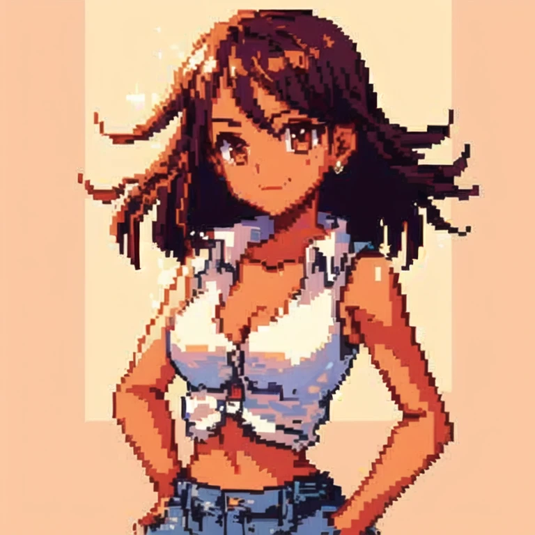 a pixel art of a woman in a white shirt and jeans, #pixelart:3, # pixelart, #pixelart, /r/pixelart, visual novel sprite, pixel art style, portrait pixel art drawing, pixelart, 🤤 girl portrait, detailed pixel artwork, 9 0 s anime art style, in the art style of 8 0 s anime, made with anime painter studio