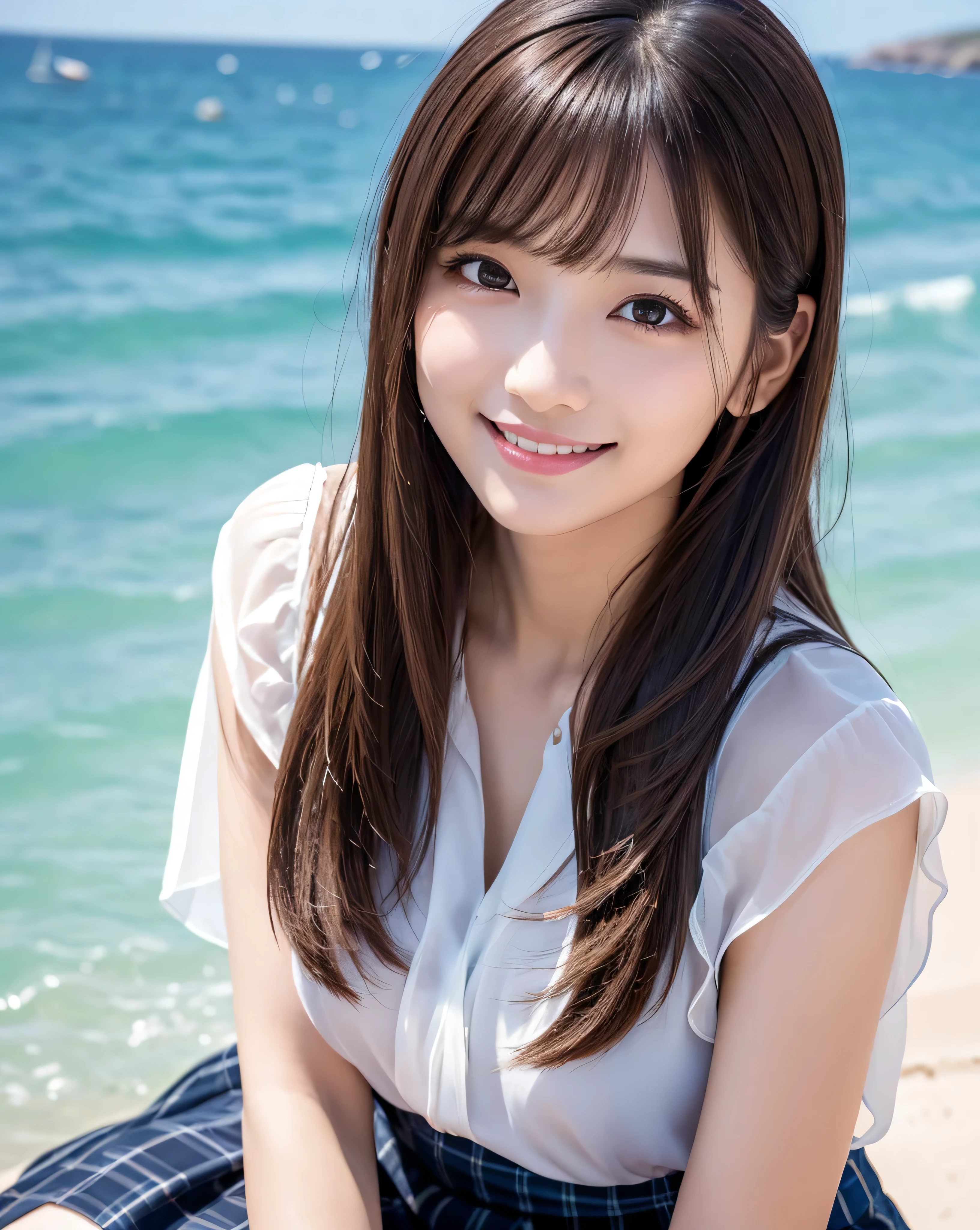 A close up of a woman sitting on a beach near the ocean - SeaArt AI