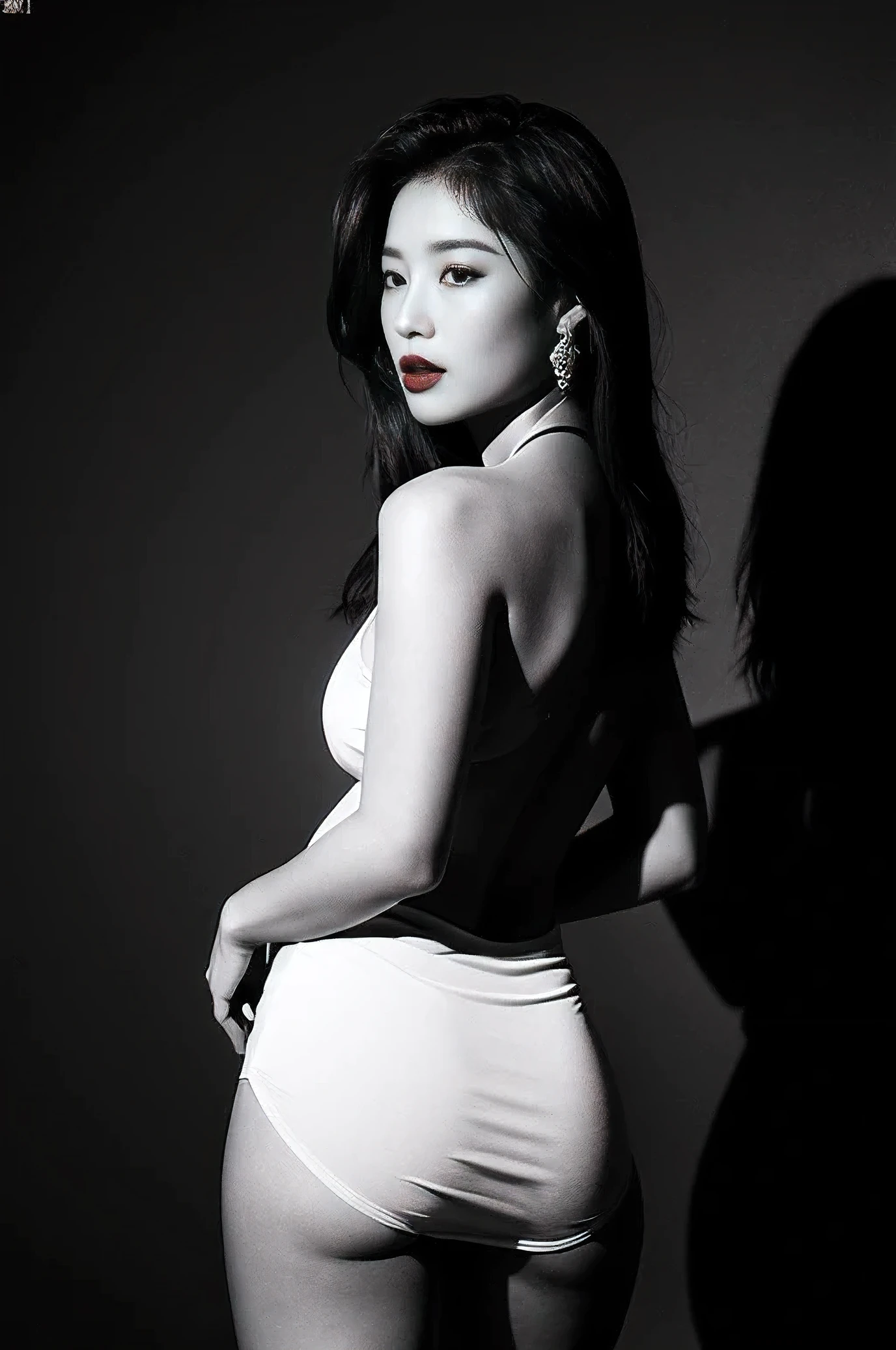 Black and white photo. Full body, beautiful Asian female model is red lips and big breasts. Turn your back and don't wear any clothes, Low-light and shadow profile, black background