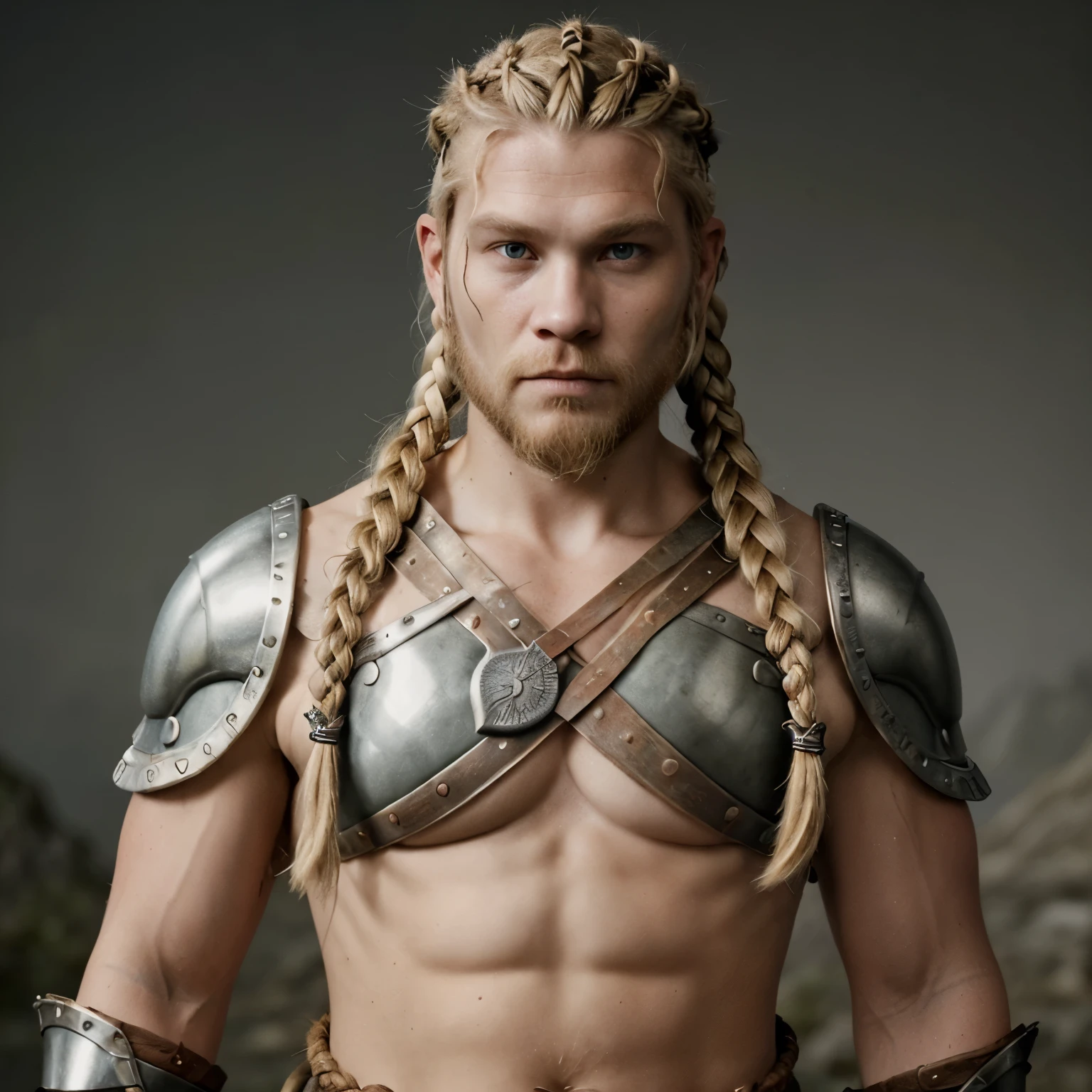 Blind barbarian dwarf with one blond eye, tattooed with scars on his mohawk face dungeons and dragons medieval dwarf