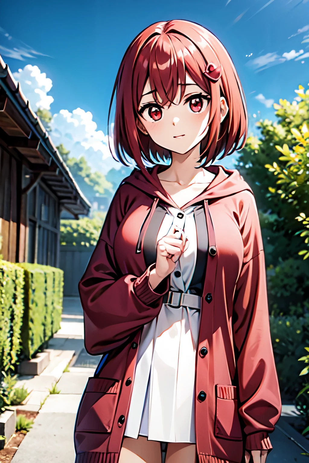 kawaii,Cute,
1 girl, One,
cranberry hair, pixie haircut, bang, hair ornament,
Red eyes,
point with a finger,
close view, made of blue,
serious,
Oversized cardigan with patch pockets and hood.,
big breasts,
BREAK simple background