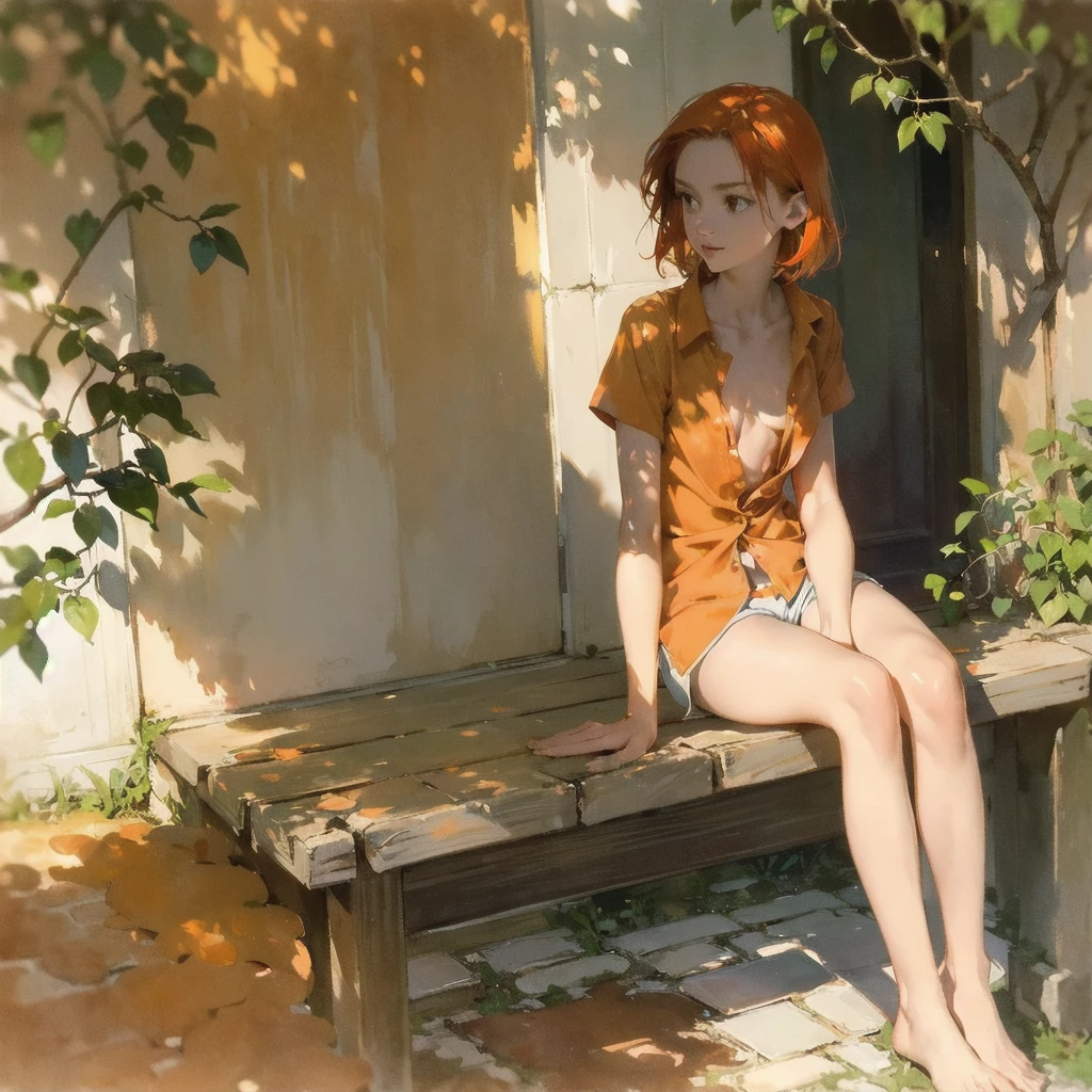 Beautiful slender thin exquisite (nude) (Girl ) (with a perfect southern type face) with short red hair (with tender beautiful breasts with tender nipples) barefoot with bare thighs ((with red pubic hairs)) ((in an unbuttoned open light orange shirt over his naked body and short light orange shorts)) (is sitting) (on a brick road) in the middle of a flowering field (with a glass of wine) ((and, trickles between legs)), in a gentle watercolor style, Discreet shades, sfumato, haze, diffused dim light, delicate mint shades, imitation of film photography, (olive and grape groves, Brick Road), (High image quality, Maximum detail), (sunset lighting, Warm evening shades, warm golden and olive sunset light)