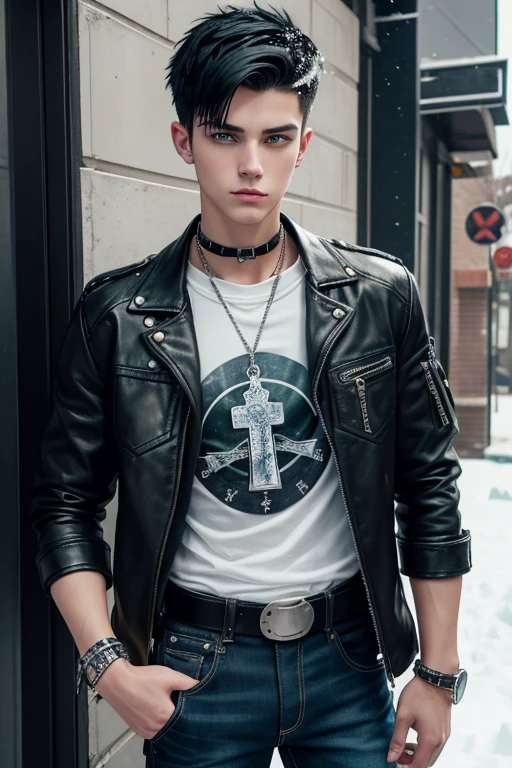 Cooper Barnes 20-year-old boy with open black jacket, blue t-shirt with snow print, short black hair, punk style, yellow locks, black jeans, green eyes, black leather belt, silver buckle, slim muscular build, cross medallion, silver bracelet, looking straight at the viewer