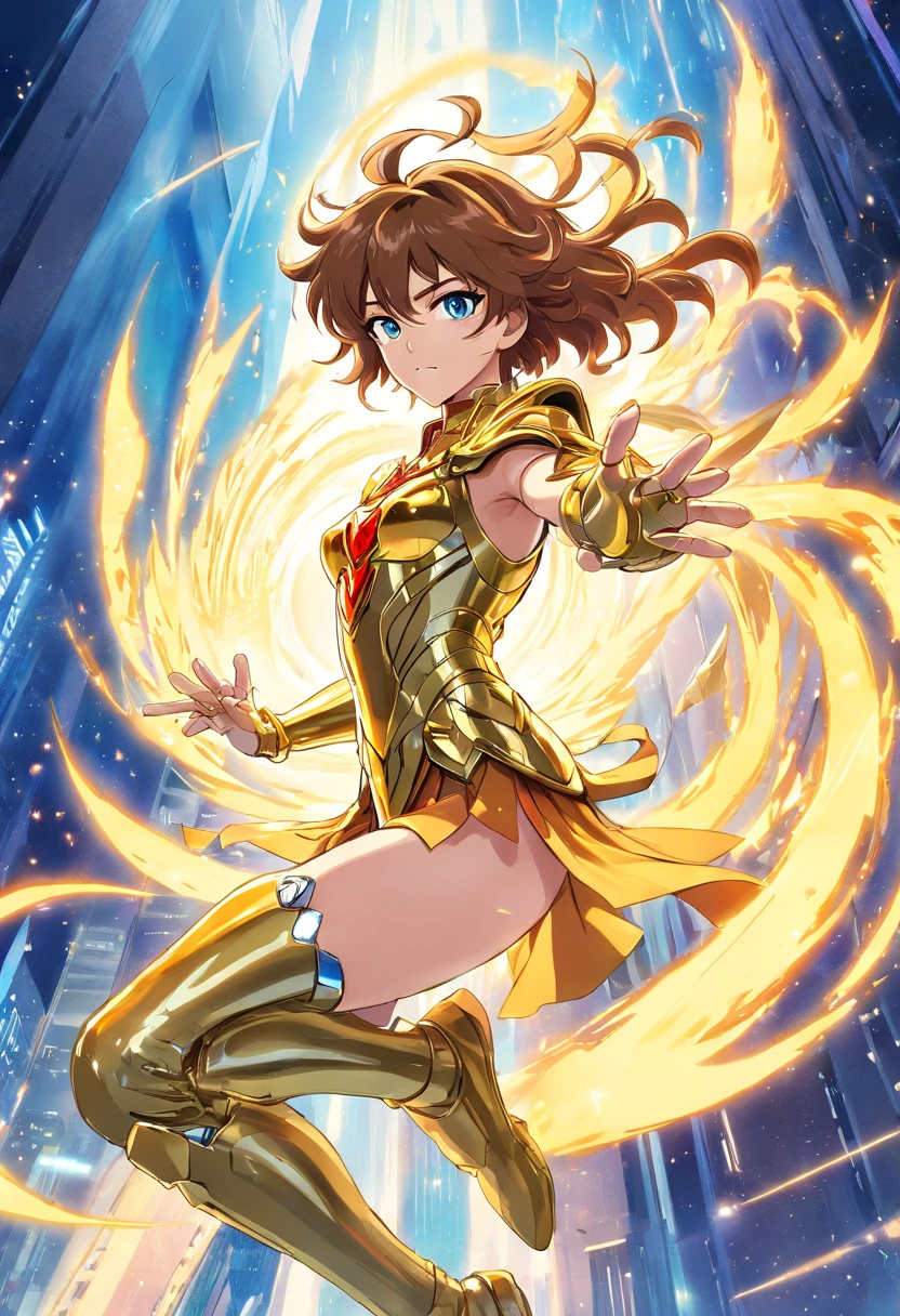 Une illustration incroyablement détaillée de la saga Gemini de l’anime Saint Seiya portant son armure jumelle dorée, position de combat, Explosion galactique, tout le corps, incredible details, ombres parfaites, dynamic background, style de dessin hyper réaliste.