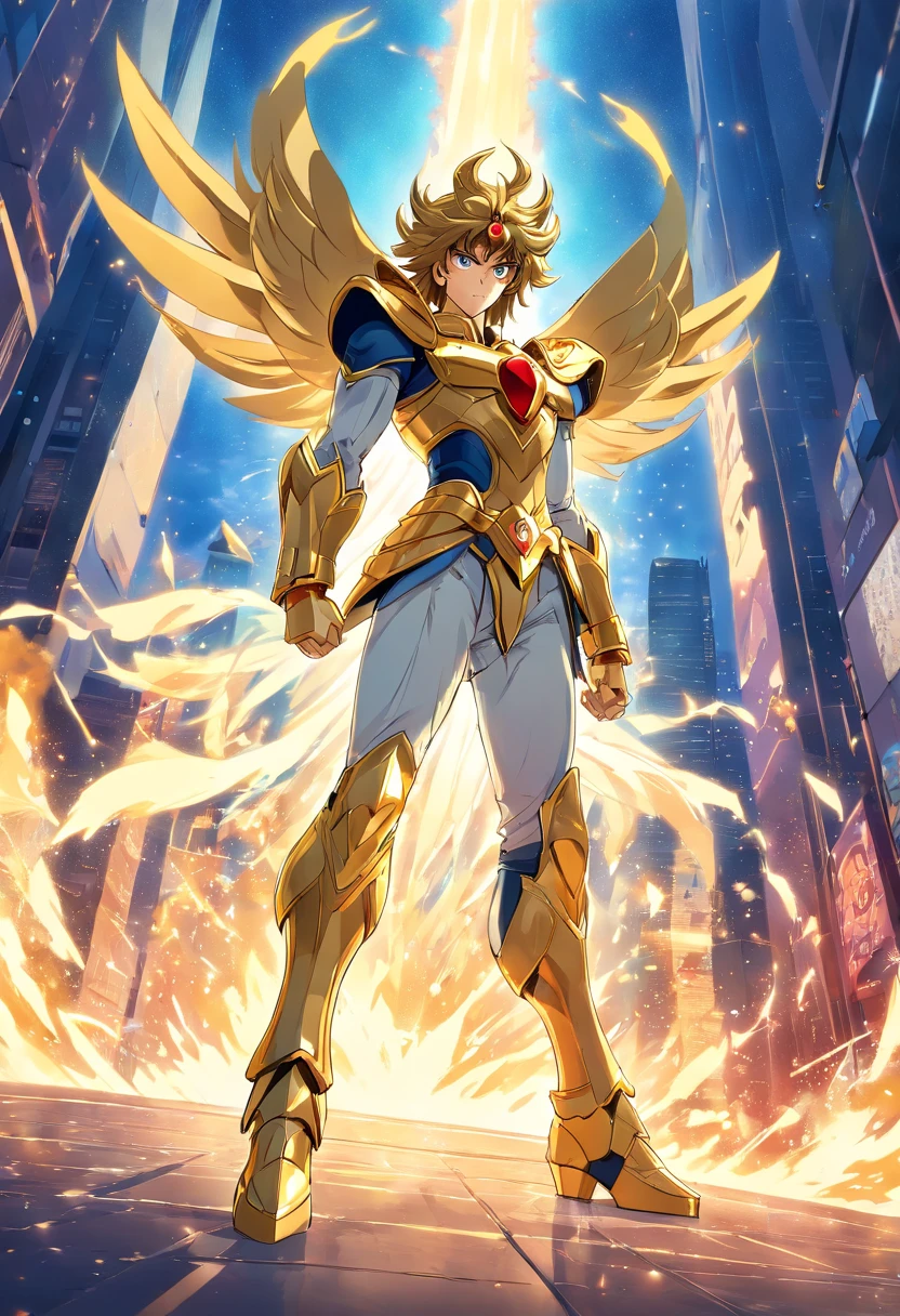 Une illustration incroyablement détaillée de la saga Gemini de l’anime Saint Seiya portant son armure jumelle dorée, position de combat, Explosion galactique, tout le corps, incredible details, ombres parfaites, dynamic background, style de dessin hyper réaliste.