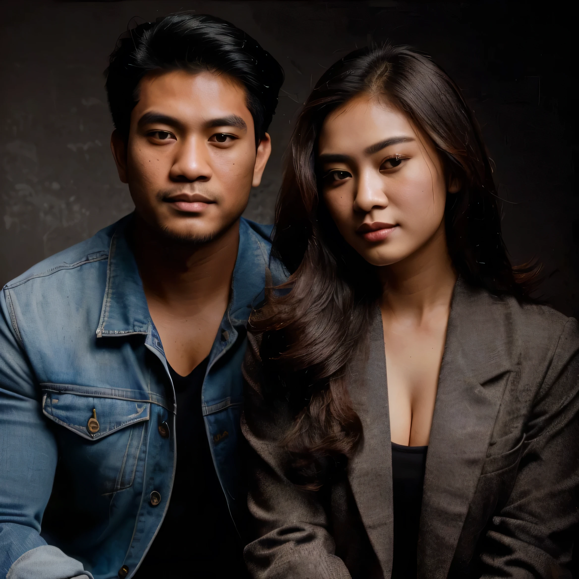 (8K, RAW Photos, selfie Photography, Highest Quality, Intricate Details), Medium shot of a 30 year old indonesian man, kinda fat muscle, nature skin, very short hair, wearing a casual clothes, side by side with a 25 year old indonesian woman with long hair, wearing blazer clothes, eye to camera, in the photo studio, sitting, with black background 