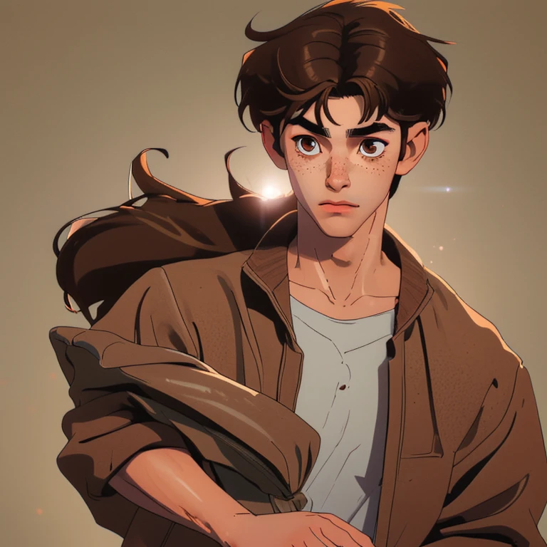 Draw a 19 y/o man with brown hair, brown eyes, light freckles on face, dresses in .