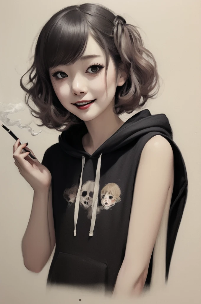 ((Girl smoking cigarette、Black hoodie、White panties)), scribble, nightmare, Doll-like face, Manga style, rough sketch, , (masterpiece), (High resolution), (Very delicate), (clear), Comic style illustration,(Horror elements), Japanese painting illustration, whole body,(snap shot),crazy illustration, antique, Dark atmosphere, Flat Illustration, Creepy Appearance, Characteristic hairstyle, creative accessories, Unique atmosphere、Cute Smile
