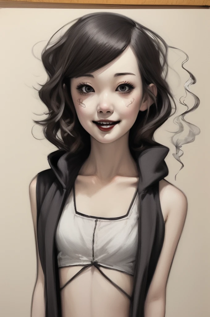 ((Girl smoking cigarette、Black hoodie、White panties)), scribble, nightmare, Doll-like face, Manga style, rough sketch, , (masterpiece), (High resolution), (Very delicate), (clear), Comic style illustration,(Horror elements), Japanese painting illustration, whole body,(snap shot),crazy illustration, antique, Dark atmosphere, Flat Illustration, Creepy Appearance, Characteristic hairstyle, creative accessories, Unique atmosphere、Cute Smile
