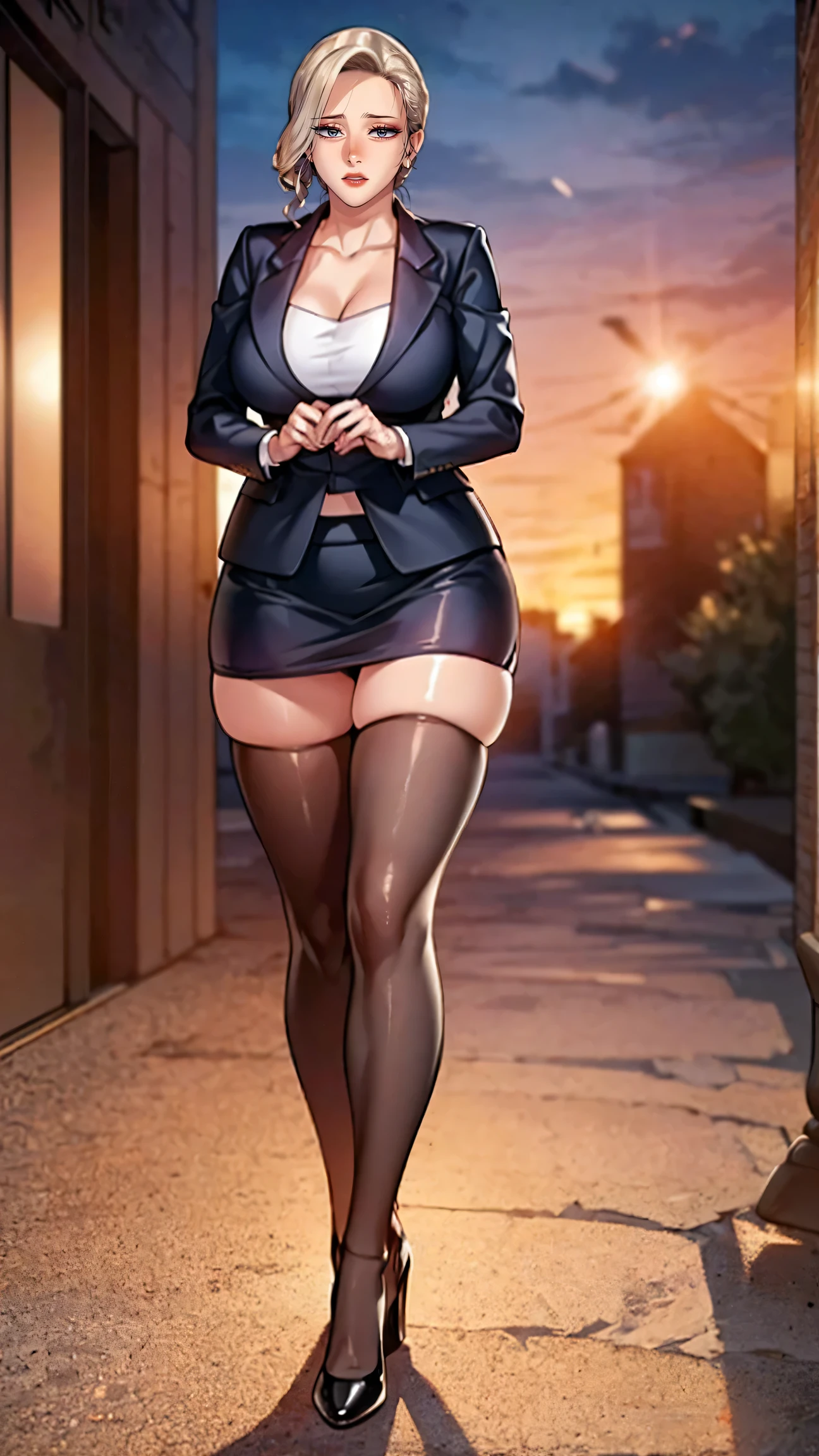 (masutepiece,High quality,16k:1.1),(depth of fields:1.3) ,((front body:1.35)),German ,Woman, ((business suit, mini skirt)), tights,huge breasts, voluptuous, thicc, curvy,(Looking at Viewer:1.3),(full body shot:1.2),(Beautiful Morning view of town:1.2), tall. sexy, mini skirt, pantyhouse, long sexy legs, cleavage