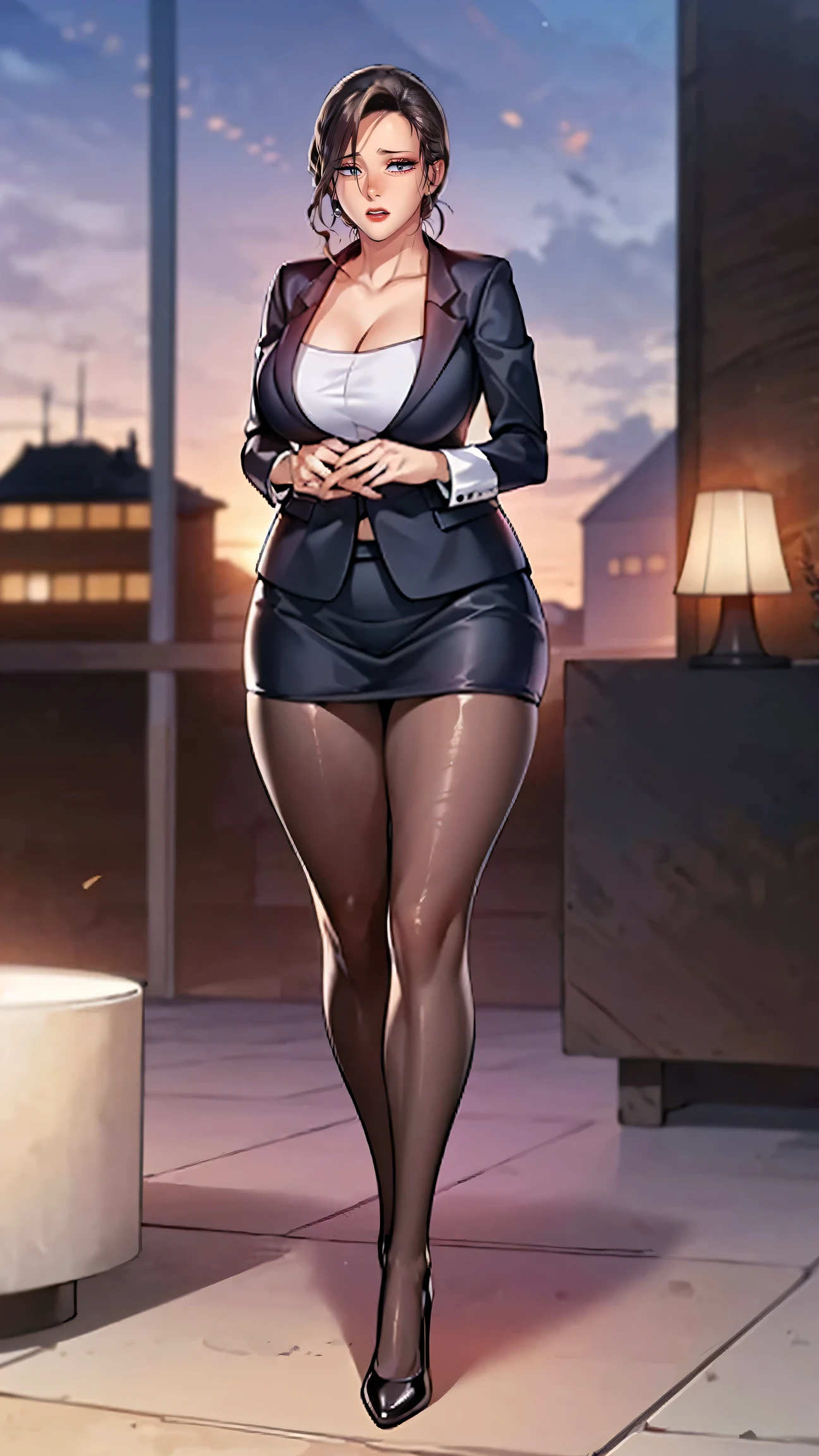 (masutepiece,High quality,16k:1.1),(depth of fields:1.3) ,((front body:1.35)),German ,Woman, ((business suit, mini skirt)), tights,huge breasts, voluptuous, thicc, curvy,(Looking at Viewer:1.3),(full body shot:1.2),(Beautiful Morning view of town:1.2), tall. sexy, mini skirt, pantyhouse, long sexy legs, cleavage