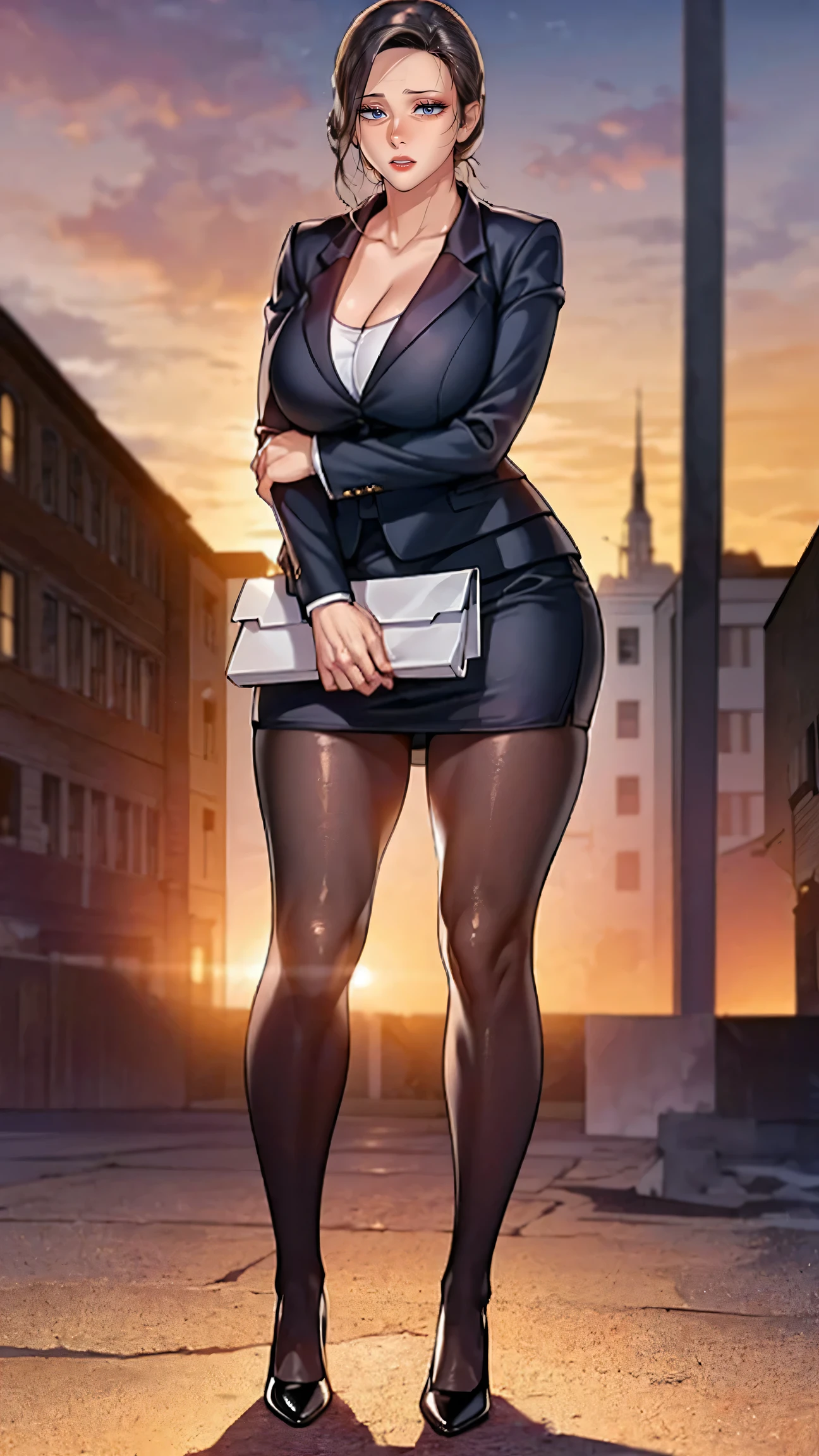 (masutepiece,High quality,16k:1.1),(depth of fields:1.3) ,((front body:1.35)),German ,Woman, ((business suit, mini skirt)), tights,huge breasts, voluptuous, thicc, curvy,(Looking at Viewer:1.3),(full body shot:1.2),(Beautiful Morning view of town:1.2), tall. sexy, mini skirt, pantyhouse, long sexy legs, cleavage