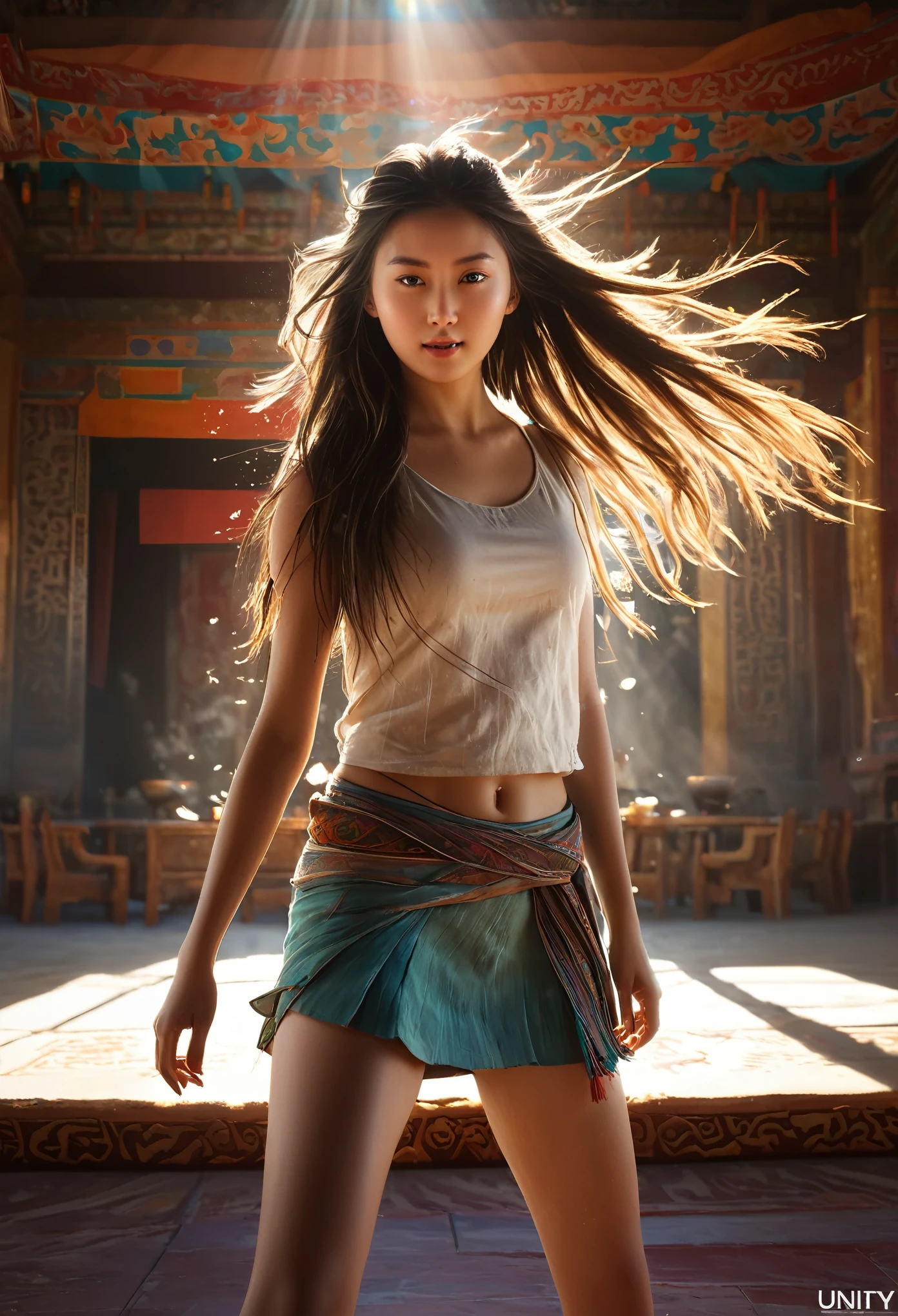 (RAW Photo, Best Quality), (Realistic, Photo Realistic: 1.3), Best Quality, Highly Detailed, Masterpiece, Hyperdetail, Illustration, 1 Girl, Dynamic Angle, World Masterpiece Theater, messy_long_hair, Best Quality, Very Detailed CG Unity 8k Wallpaper, Ink, Amazing, Cinematic Lighting, lens_flare, Full Body Image: 1.2, dunhuang_style, Flying: 1.2