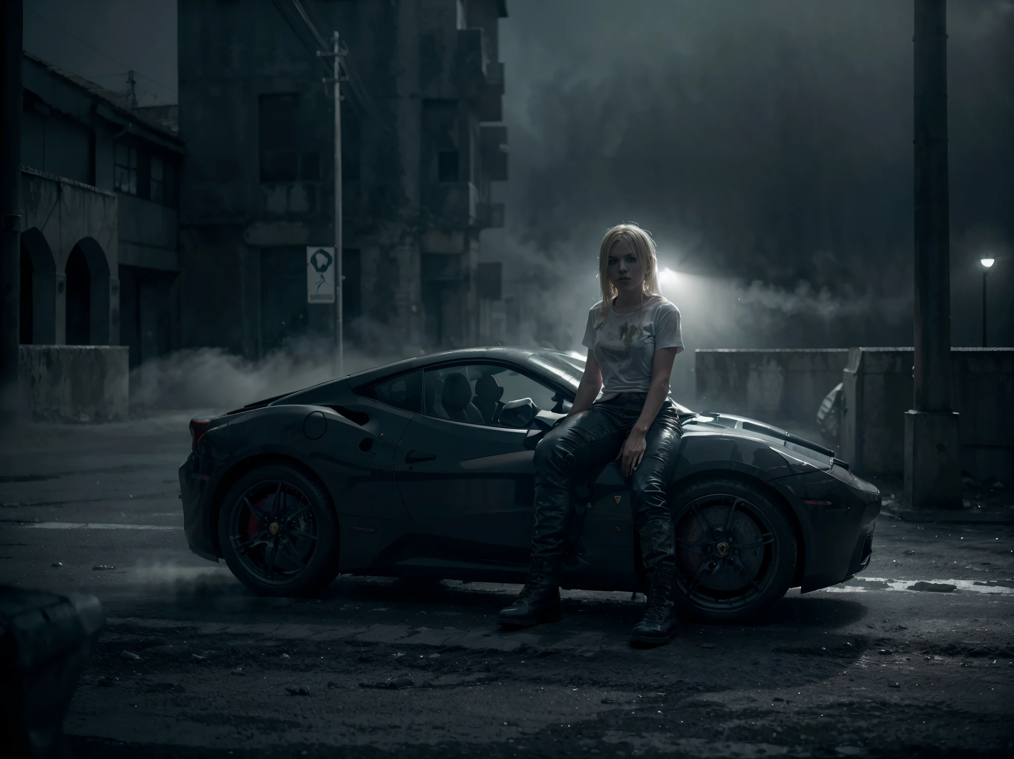 blonde zombie girl, wearing a white T-shirt and black military boots, sitting on the hood of a Ferrari 458 italia, (Cool shade, cold tone: 1.2), gloomy atmosphere, Zombie Apocalypse, ultra high resolution, cinematic light, side light, fill light, painting light, (Flying dust, Atmospheric effect, Atmospheric illumination, ambient light), best shadow, 4K