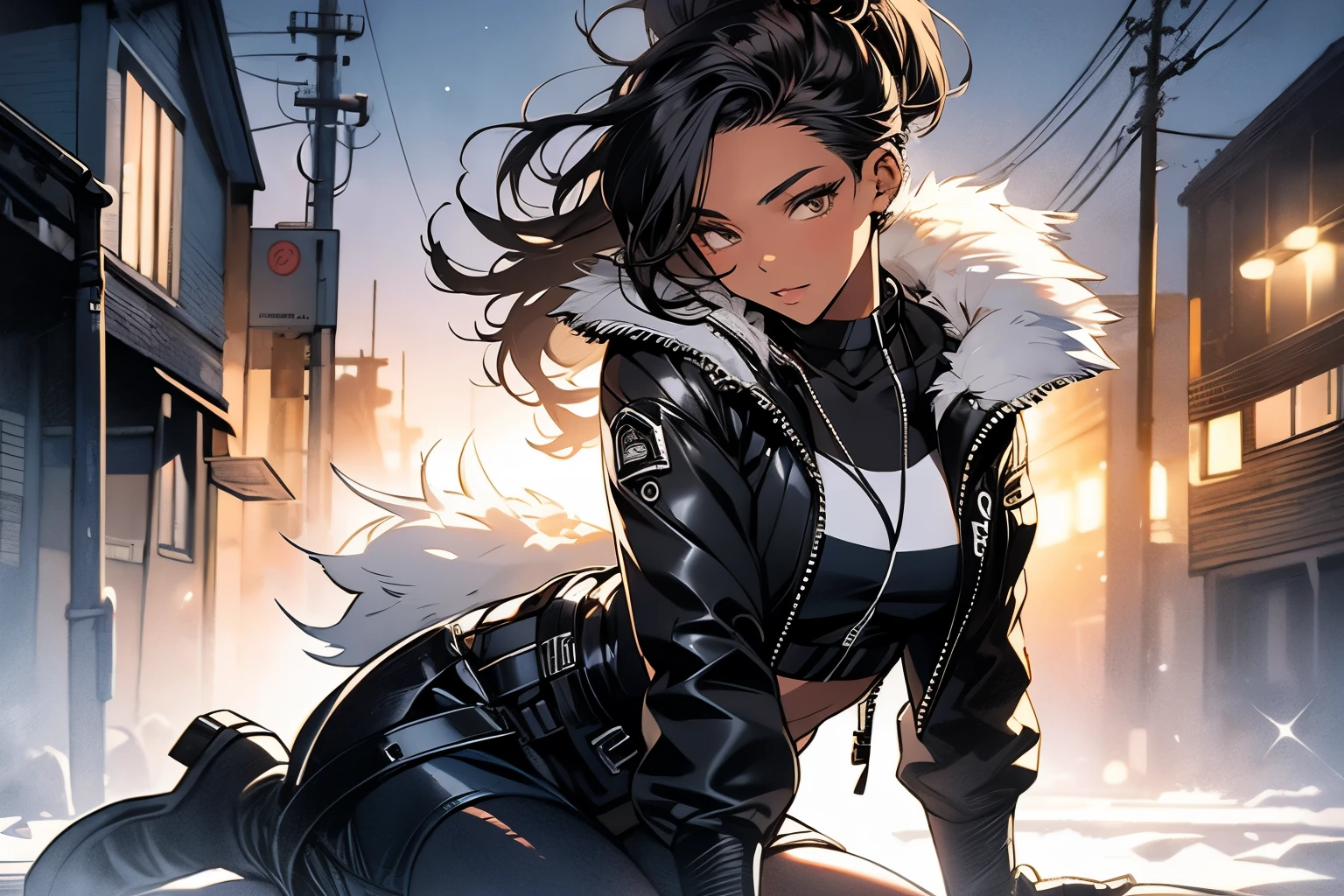 Original photo, best quality, full body photo), (Realistic, photo fidelity: 1.3), (Extremely delicate and beautiful: 1.1) 1 woman chiseled physique and wide hips, leggings, pleated skirt, sports top, high ponytail, high boots, long fur jacket, on a hazy moonlit night in a ghost town, monochrome style, line art, detailed face, detailed eye's, detailed lips, wide hips