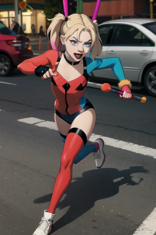 Harley Quinn, on road, action pose, 
