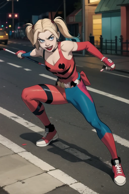 Harley Quinn, on road, action pose, 
