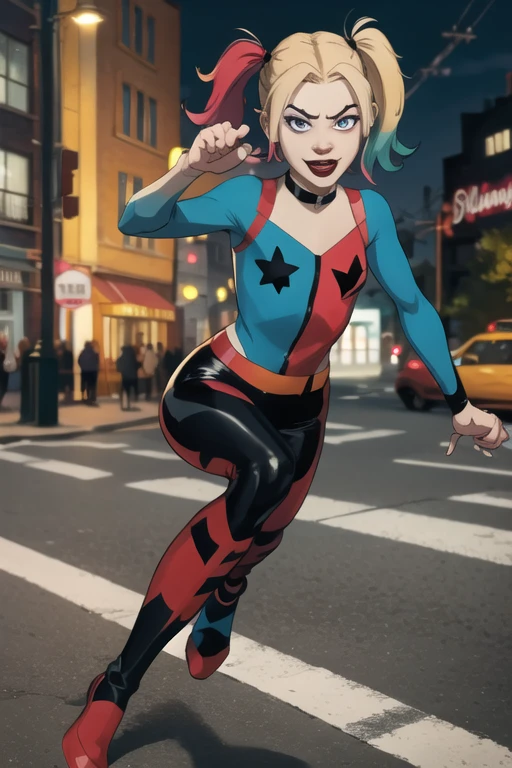 Harley Quinn, on road, action pose, 
