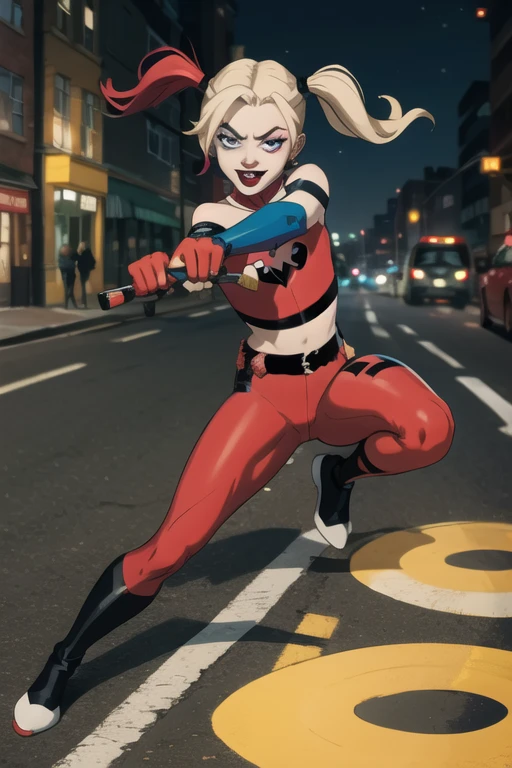 Harley Quinn, on road, action pose, 
