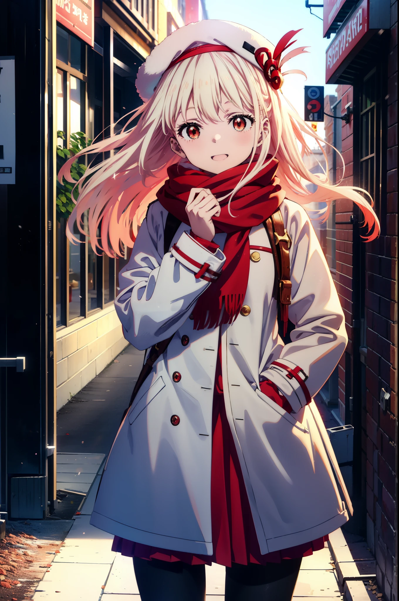 chisatonishikigi, nishikigi chisato,Long Hair , bangs, blonde, (Red eyes:1.5),happy smile, smile, Open your mouth,White knit hat,White Coat,Red Scarf,White Sweater,Hands in coat pockets,Long skirt,Black pantyhose,short boots,Shirogane World,Snow is piling up,it&#39;s snowing,it&#39;s snowing,winter,Cold Sky,morning,morning陽,The sun is rising,
break looking at viewer, whole body, Upper Body,(Cowboy Shot:1. 5)
break outdoors, c that y,Building Street,
break (masterpiece:1.2), highest qualそれy, High resolution, unそれy 8k wallpaper, (shape:0.8), (Beautiful and beautiful eyes:1.6), Highly detailed face, Perfect lighting, Extremely detailed CG, (Perfect hands, Perfect Anatomy),