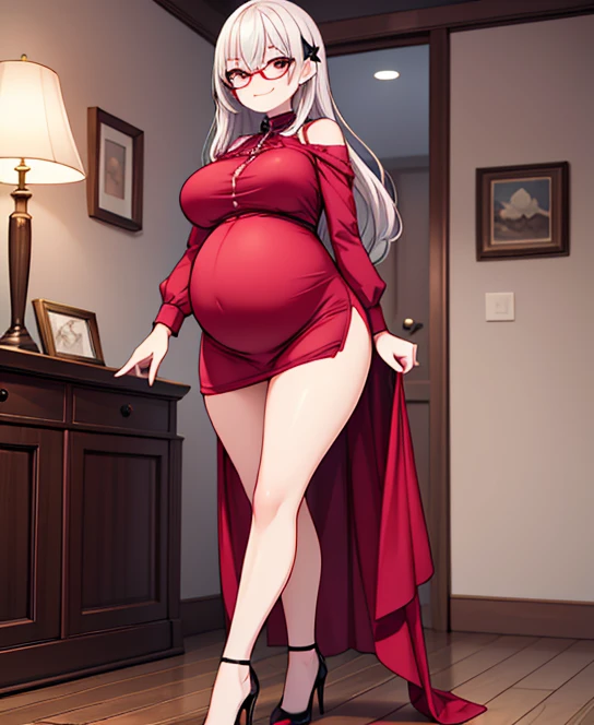 A pregnant vampire girl with a smug face, thick thighs, high heels and glasses. She's stepping on someone, ((Full body))