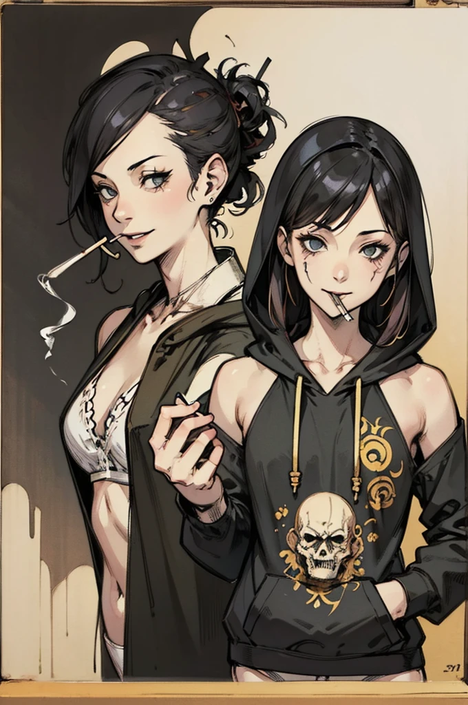((Girl smoking cigarette、Black hoodie、White panties)), scribble, nightmare, Doll-like face, Manga style, rough sketch, , (masterpiece), (High resolution), (Very delicate), (clear), Comic style illustration,(Horror elements), Japanese painting illustration, whole body,(snap shot),crazy illustration, antique, Dark atmosphere, Flat Illustration, Creepy Appearance, Characteristic hairstyle, creative accessories, Unique atmosphere、Cute Smile