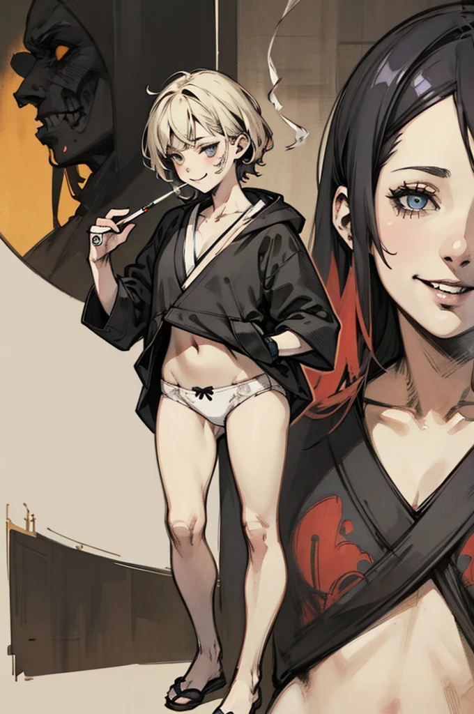 ((Girl smoking cigarette、Black hoodie、White panties)), scribble, nightmare, Doll-like face, Manga style, rough sketch, , (masterpiece), (High resolution), (Very delicate), (clear), Comic style illustration,(Horror elements), Japanese painting illustration, whole body,(snap shot),crazy illustration, antique, Dark atmosphere, Flat Illustration, Creepy Appearance, Characteristic hairstyle, creative accessories, Unique atmosphere、Cute Smile