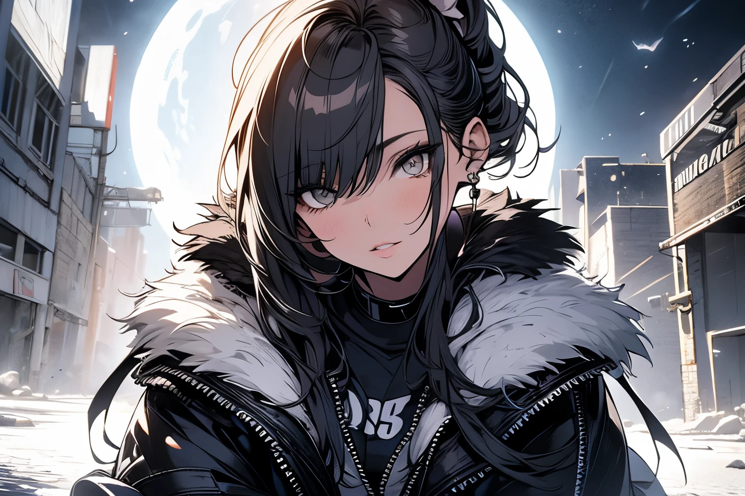 Original photo, best quality, full body photo), (Realistic, photo fidelity: 1.3), (Extremely delicate and beautiful: 1.1) 1 woman chiseled physique and wide hips, leggings, pleated skirt, sports top, high ponytail, high boots, long fur jacket, on a hazy moonlit night in a ghost town, monochrome style, line art, detailed face, detailed eye's, detailed lips, wide hips