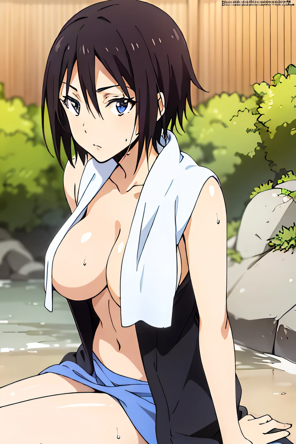 (anime cels style, Masterpiece, best quality, high resolution, anime colored, megami magazine:1.2, anime poster style, anime keyvisual, sharp, 8k, photorealistic), (beautiful eyes:1.5), sakaguchihinata\(ttigraas\), 1girl, cute, black hair, very short hair, large breast, cleavage, nude, (wet Towel over breasts:1.2), (upper body, sitting), (perfect detailed anatomy, perfect arms, perfect fingers, beautiful face, perfect body, shiny skin), onsen, wet