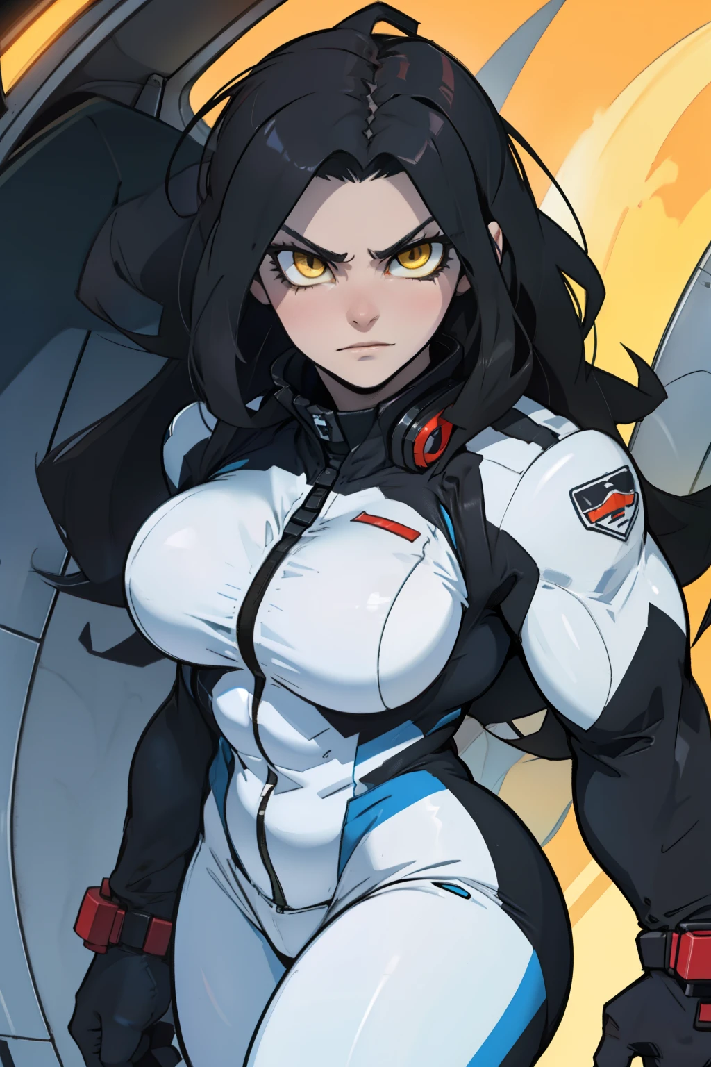 1 girl, black hair, yellow eyes, very long hair, pale skin, ((((extremely muscular)))), large breasts, (confident expression), pilot suit, close up girl