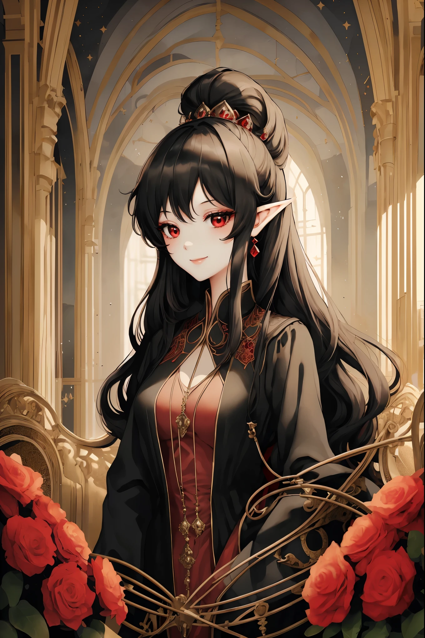 masterpiece, best quality, highres, 1girl, black red dress like princess, wearing a noble's dress, elegant dress, princess, elf, long hair, close up, indoor, ponytail, hair tied with a rope with red dice accessories, red eye, 20age, anime style, black hair with red inside, boob E cup, loking at viewer, loking at camera, looking forward with a smile