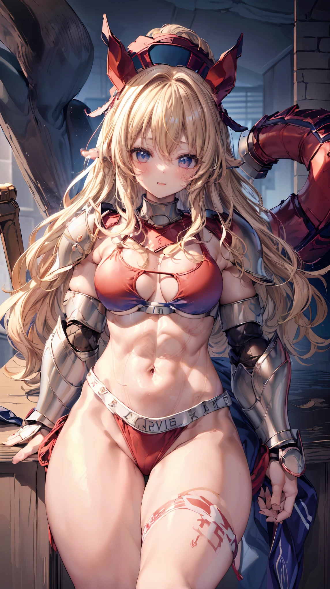 Very detailed、highest quality、Best image quality、masterpiece、8k、Anime Face、A kind smile、Open your mouth、Sparkling blue eyes、(Blonde wavy hair:1.5)、、Muscles of the whole body、camisole、Thigh belt、mini skirt、(Wearing red bikini armor:1.5)、(Cowboy Shot:1.5)、(Leg armor:1.5)