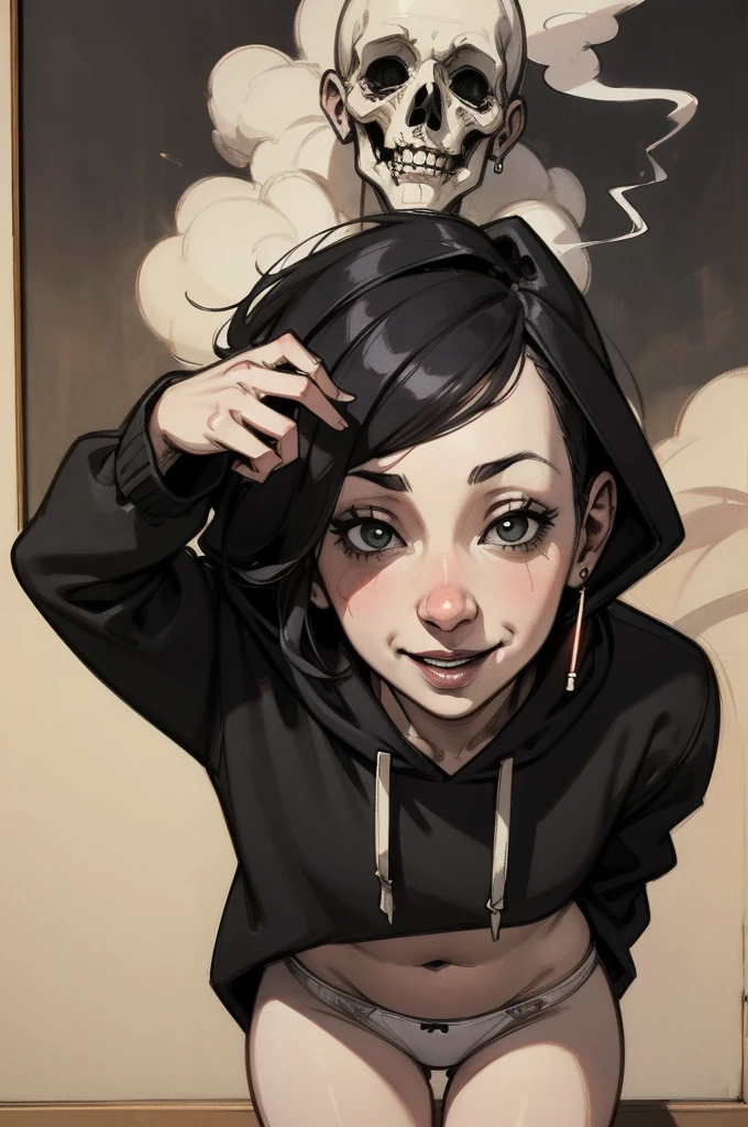 ((Girl smoking cigarette、Black hoodie、White panties)), scribble, nightmare, Doll-like face, Manga style, rough sketch, , (masterpiece), (High resolution), (Very delicate), (clear), Comic style illustration,(Horror elements), Japanese painting illustration, whole body,(snap shot),crazy illustration, antique, Dark atmosphere, Flat Illustration, Creepy Appearance, Characteristic hairstyle, creative accessories, Unique atmosphere、Cute Smile