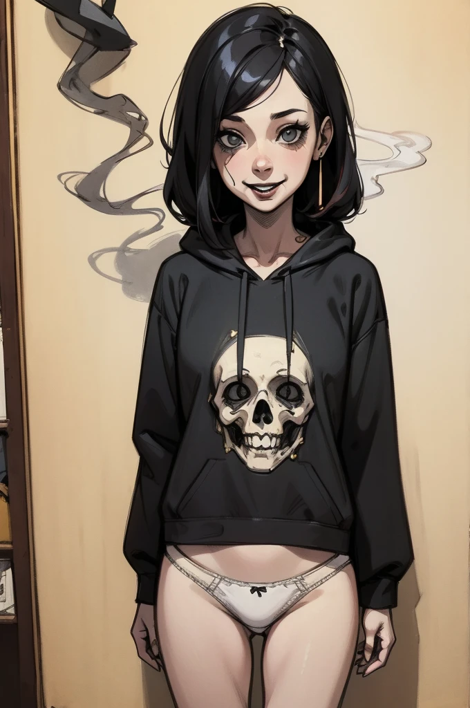 ((Girl smoking cigarette、Black hoodie、White panties)), scribble, nightmare, Doll-like face, Manga style, rough sketch, , (masterpiece), (High resolution), (Very delicate), (clear), Comic style illustration,(Horror elements), Japanese painting illustration, whole body,(snap shot),crazy illustration, antique, Dark atmosphere, Flat Illustration, Creepy Appearance, Characteristic hairstyle, creative accessories, Unique atmosphere、Cute Smile
