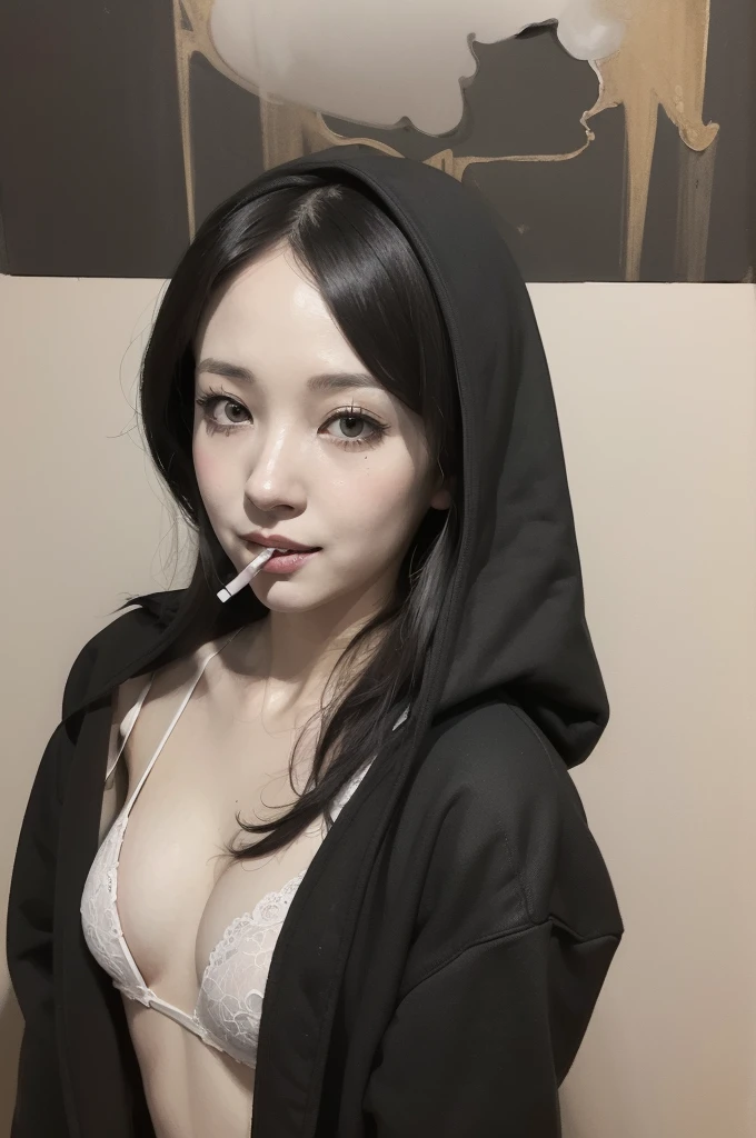 ((Girl smoking cigarette、Black hoodie、White panties)), scribble, nightmare, Doll-like face, Manga style, rough sketch, , (masterpiece), (High resolution), (Very delicate), (clear), Comic style illustration,(Horror elements), Japanese painting illustration, whole body,(snap shot),crazy illustration, antique, Dark atmosphere, Flat Illustration, Creepy Appearance, Characteristic hairstyle, creative accessories, Unique atmosphere、Cute Smile