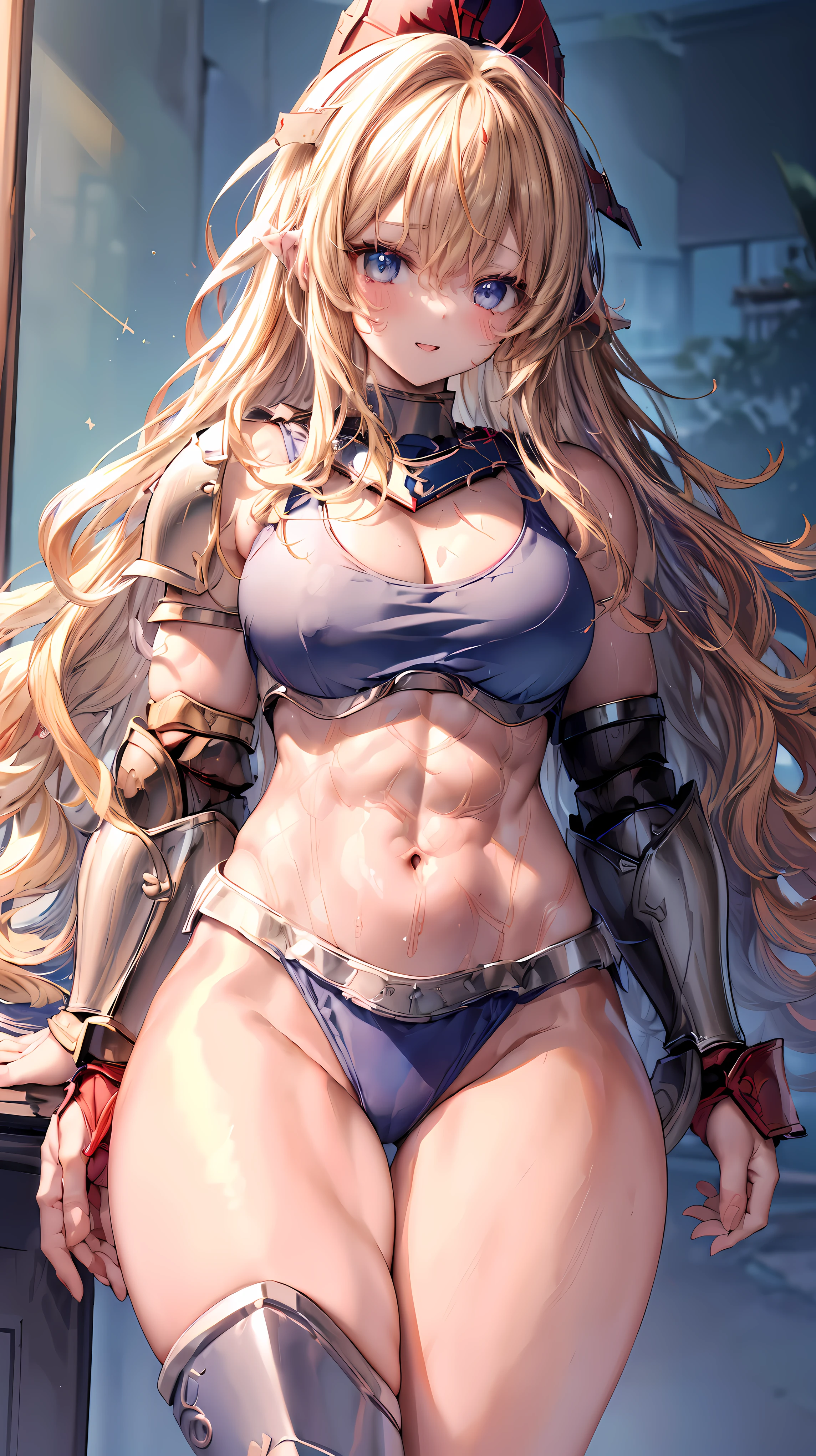 Very detailed、highest quality、Best image quality、masterpiece、8k、Anime Face、A kind smile、Open your mouth、Sparkling blue eyes、(Blonde wavy hair:1.5)、、Muscles of the whole body、camisole、Thigh belt、mini skirt、(Wearing red bikini armor:1.5)、(Cowboy Shot:1.5)、(Leg armor:1.5)