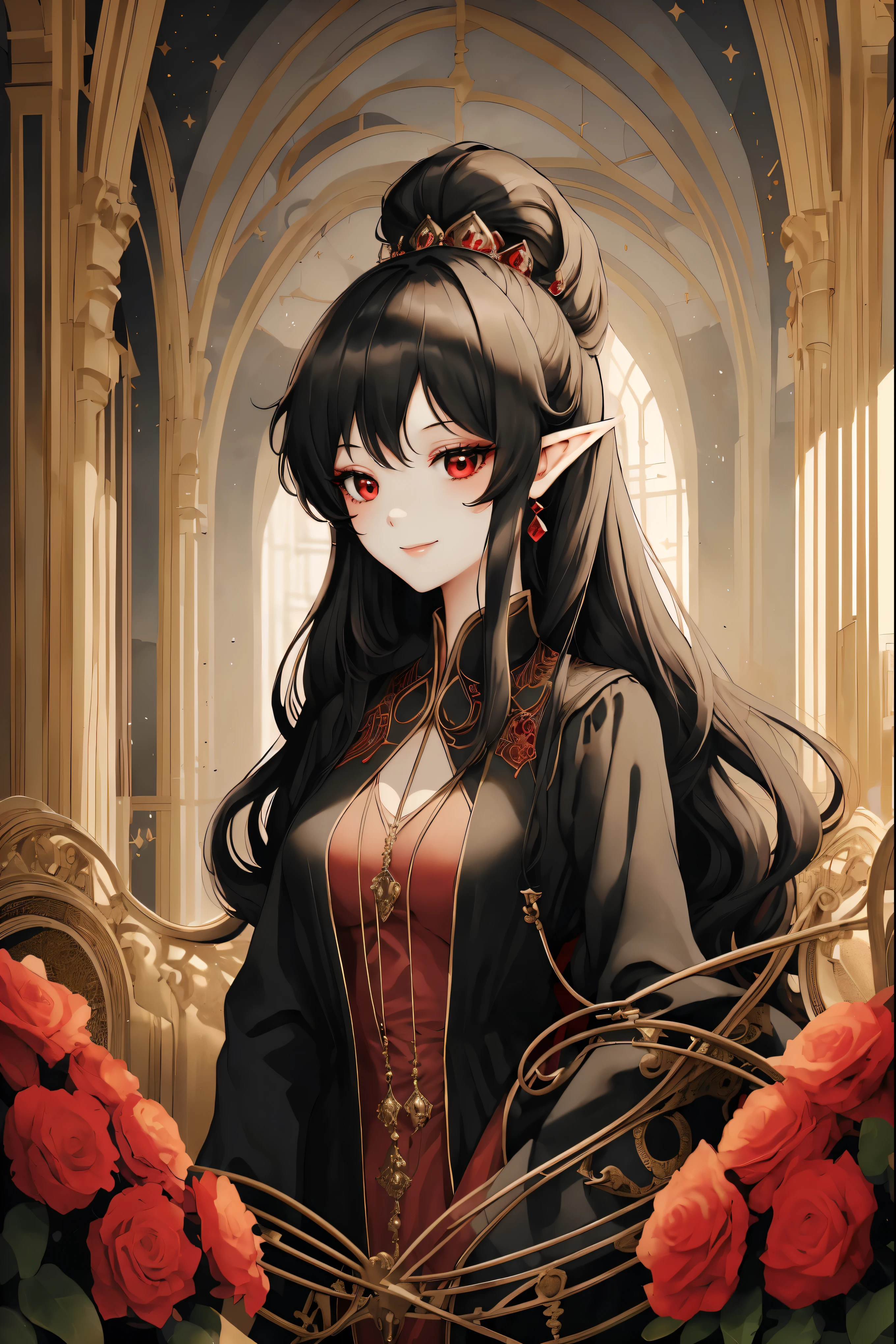 masterpiece, best quality, highres, 1girl, black red dress like princess, wearing a noble's dress, elegant dress, princess, elf, long hair, close up, indoor, ponytail, hair tied with a rope with red dice accessories, red eye, 20age, anime style, black hair with red inside, boob E cup, loking at viewer, loking at camera, looking forward with a smile