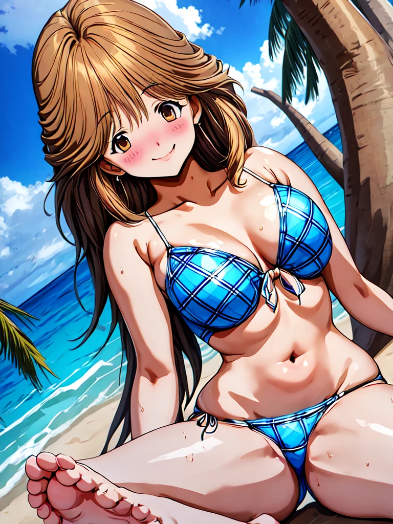 1girl, solo, breasts, looking at viewer, blush, smile, short hair, bangs, large breasts, brown hair, shirt, navel, cleavage, brown eyes, closed mouth, collarbone, swimsuit, yellow eyes, white shirt, bikini, thighs, earrings, outdoors, open clothes, sky, barefoot, day, collared shirt, cloud, water, stomach, blue sky, wet, plaid, open shirt, side-tie bikini bottom, ocean, beach, all fours, front-tie top, string bikini, red bikini, wet shirt, plaid bikini