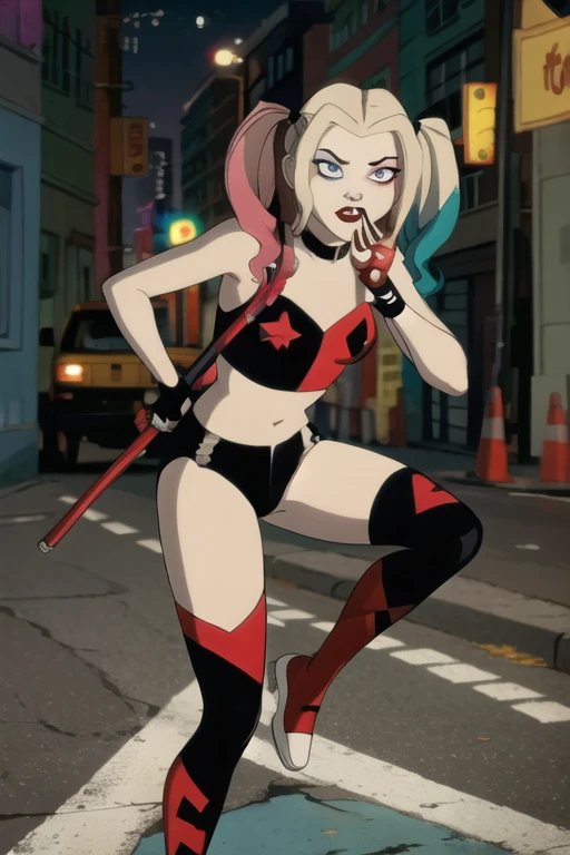 Harley Quinn, on road, action pose, black eyes mask,