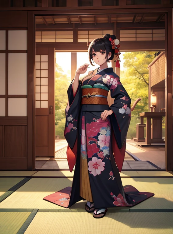 (8k, highest quality, masterpiece, Ultra-high resolution: 1.2),kimono,Japanese-style room,Similarly,whole body