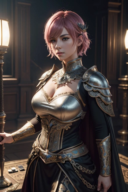 (master piece:1.5), (best quality:1.5), (exquisite lighting and shadow, highly dramatic picture, cinematic lens effect) (Photorealistic picture) (Card game image) 8k, wallpaper, dynamic pose, full body female short pink hair girl wearing an intricate elaborate silver armor with orange ornaments, black long cape, holding a battle hammer, holding a tower shield, big hips, thick legs, sun noon background, big tower at the distance, ethereal lighting, sharp focus, highly detailed, realistic, cinematic lighting, studio quality