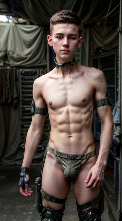 Detailed photo focusingon male beauty, very cute very skinny gay 18yo military twinks showing off military (cyberpunk cybernetic prosthetics on their arms and legs), ((cute military boys shirtless)), wearing an army thong with short trimmed pubic hair visible, caring in a military war camp, hyperealistic, 4k, weak, not muscular, (perfect rendered cute boyish faces) no blemishes on his face
